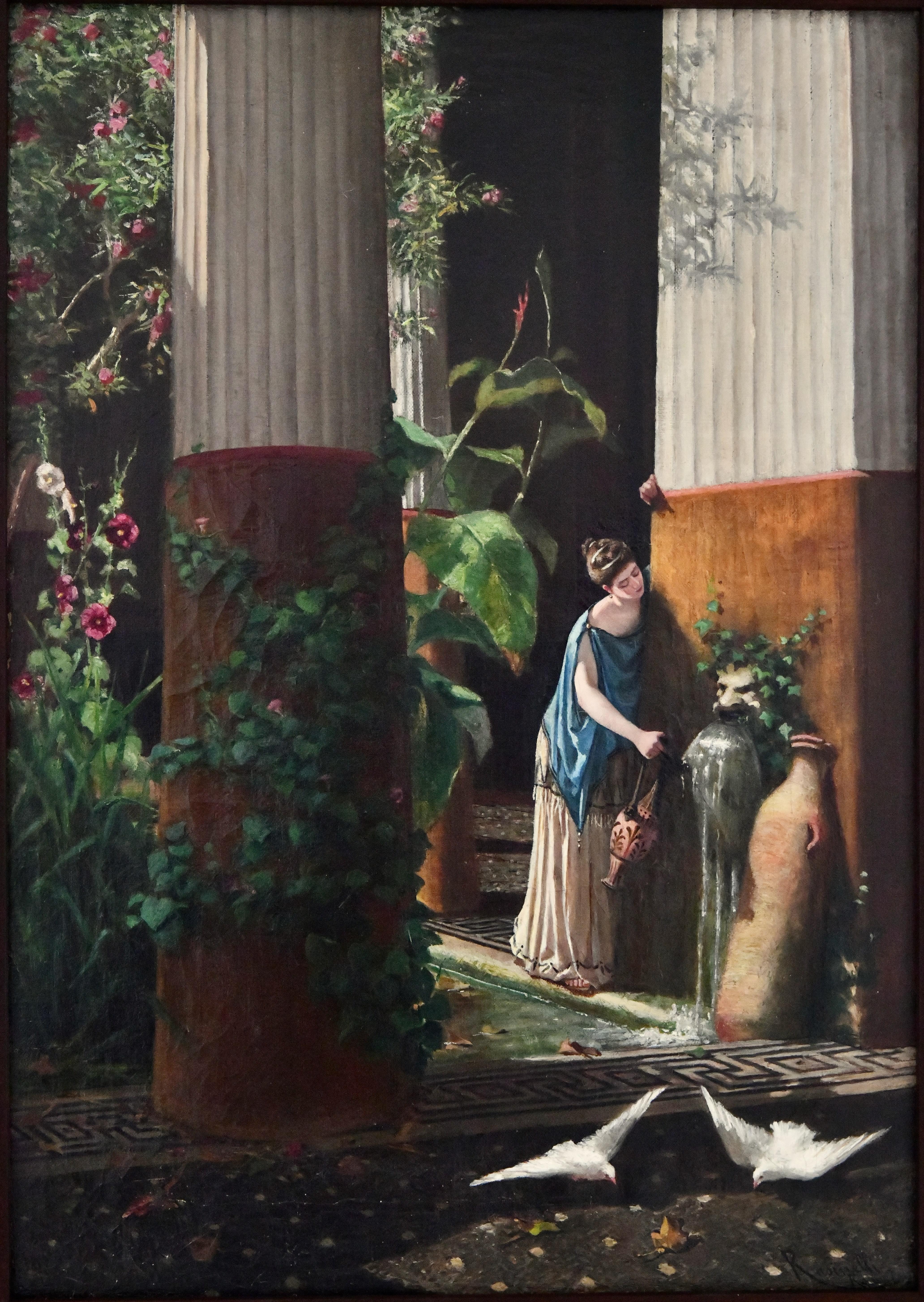 Italian Art Nouveau painting lady at the well by Roberto Rasinelli.  For Sale