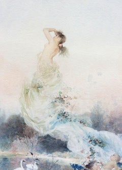 Art Nouveau Painting of a Maiden and Mischievous Cupids 19th Century by Rontini