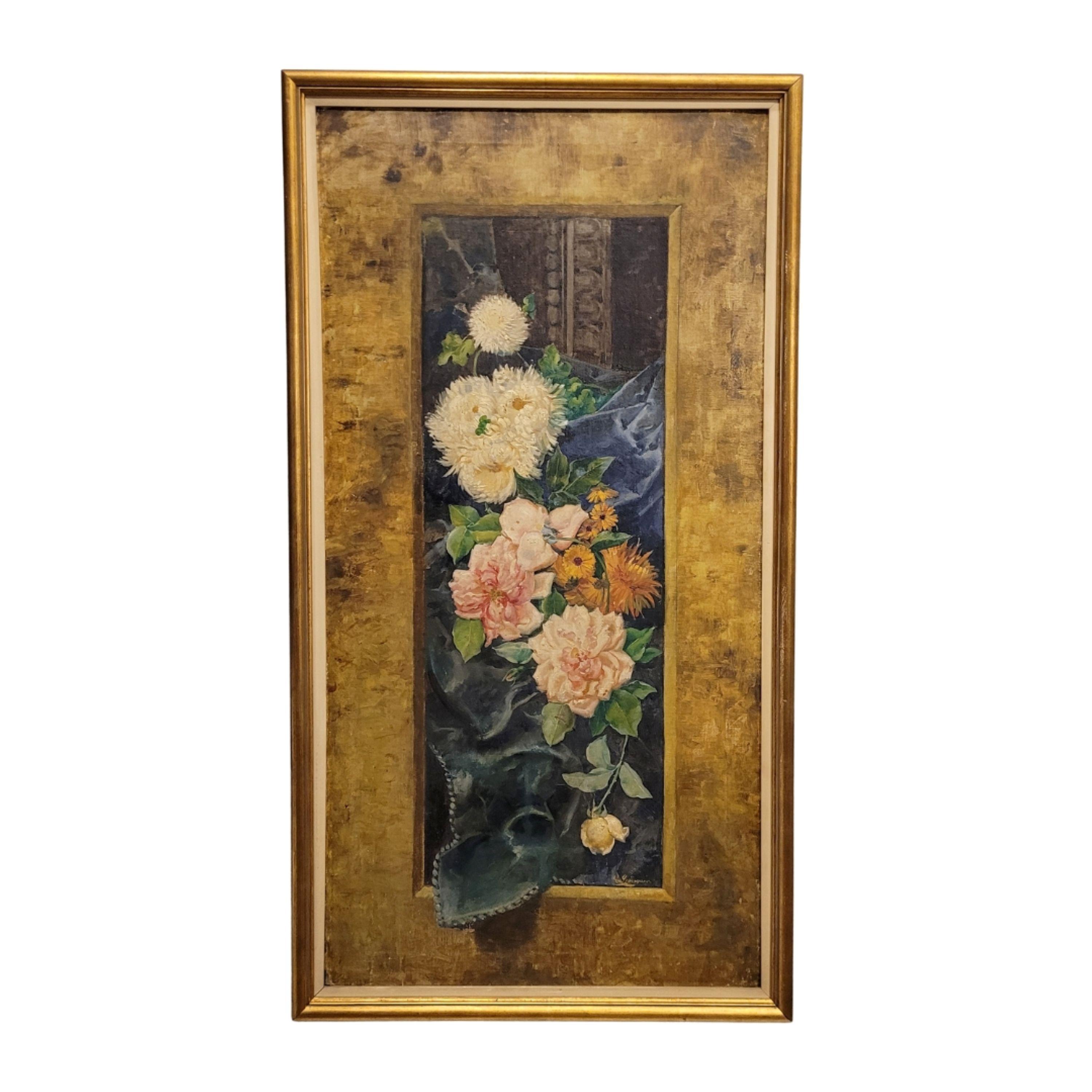 Art Nouveau Gemälde Rosa Blumen von Fernando García Camoyano Spanien im Angebot 12