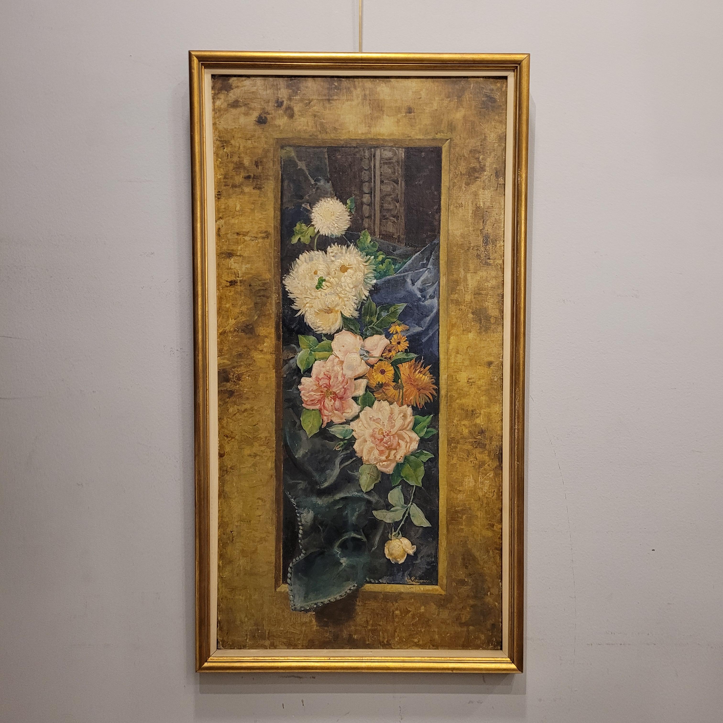 Art Nouveau Gemälde Rosa Blumen von Fernando García Camoyano Spanien (Art nouveau) im Angebot