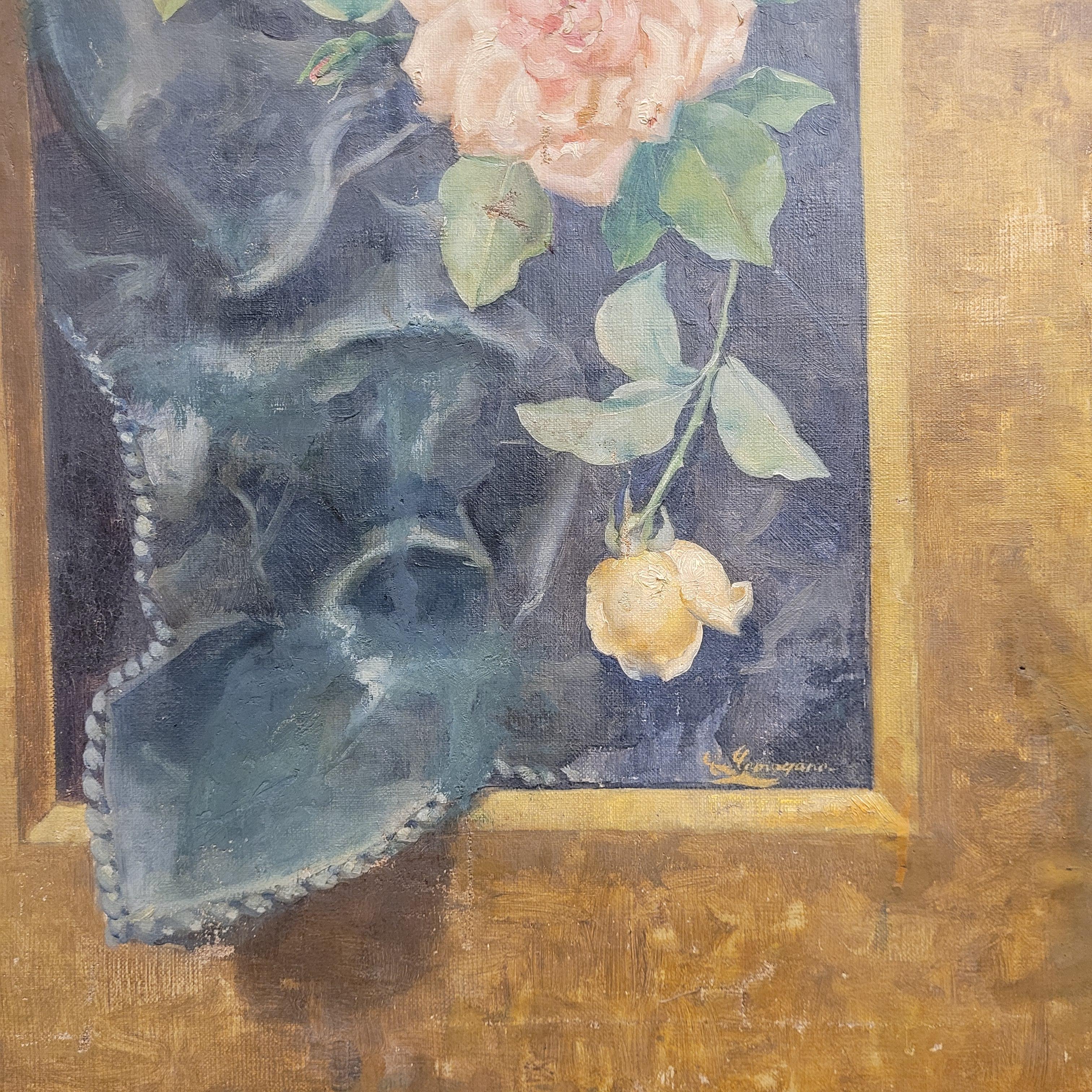 Art Nouveau Gemälde Rosa Blumen von Fernando García Camoyano Spanien im Angebot 1