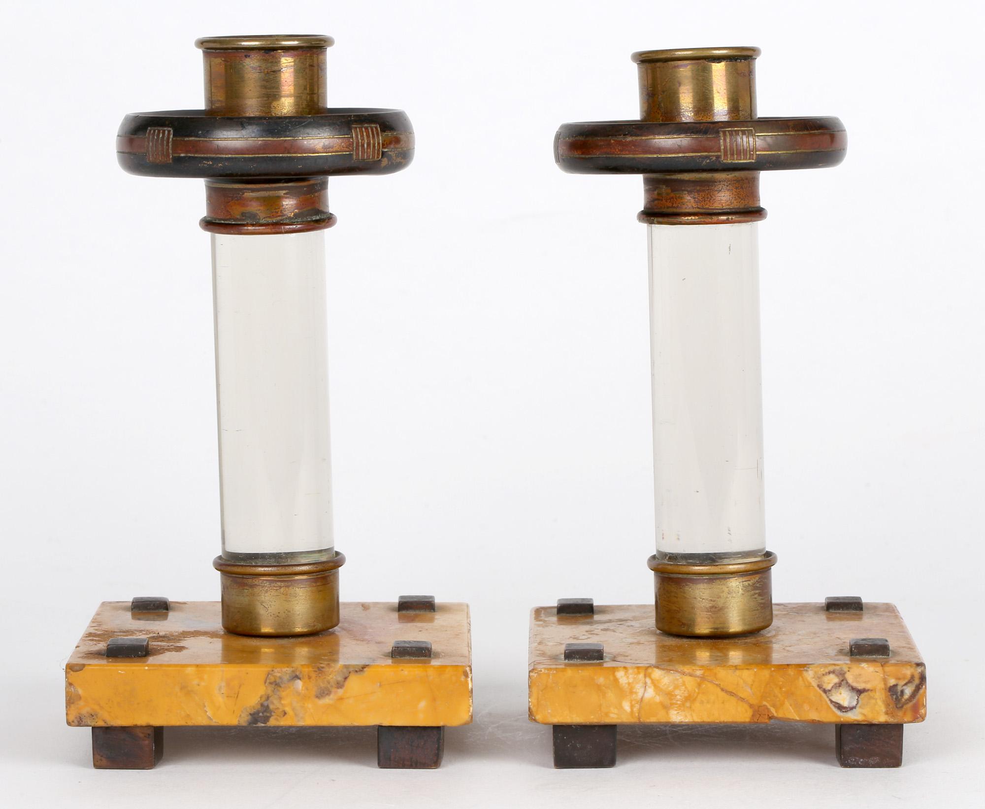 Art Nouveau Pair Continental Glass And Marble Candlesticks For Sale 5