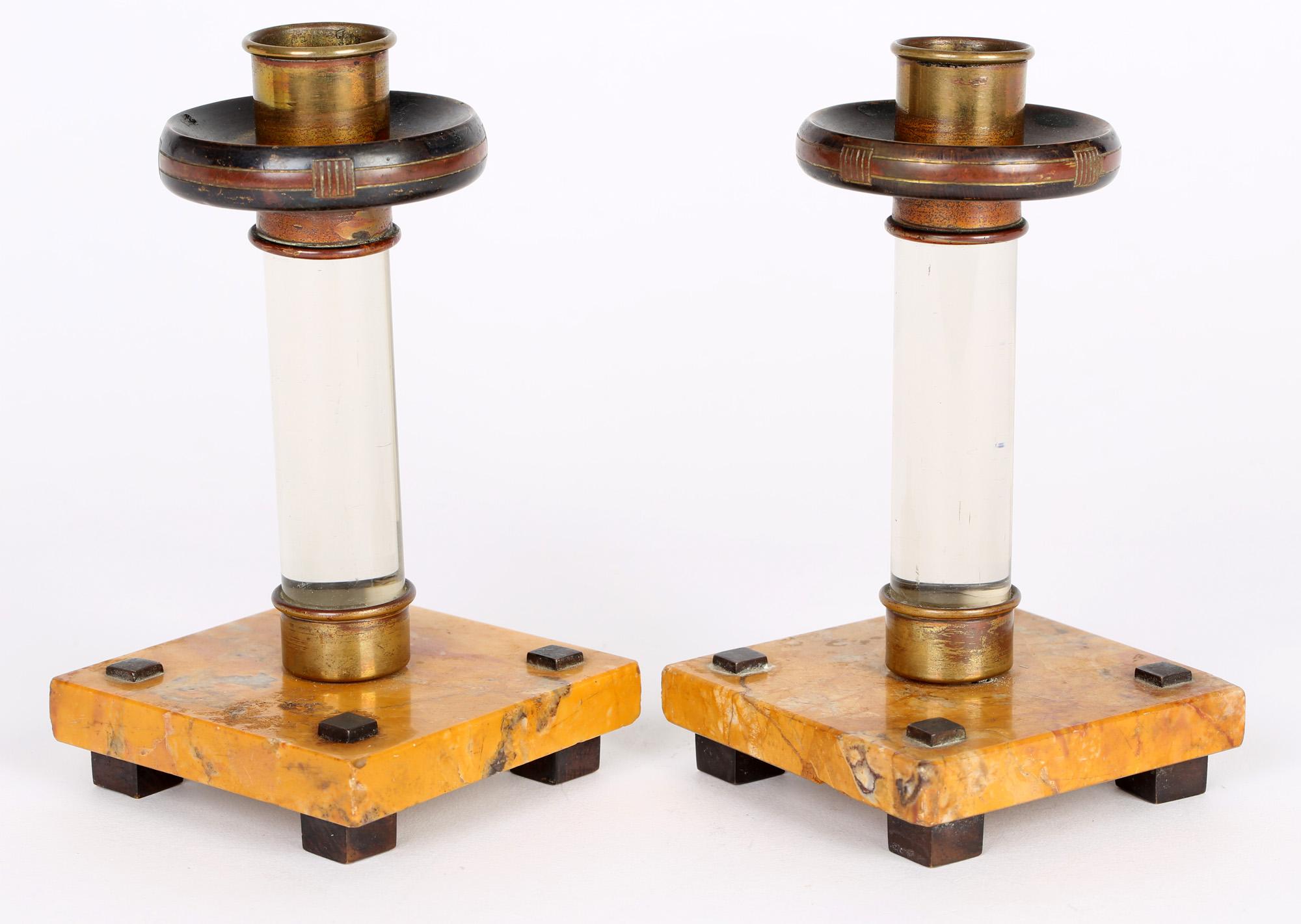 Art Nouveau Pair Continental Glass And Marble Candlesticks For Sale 8