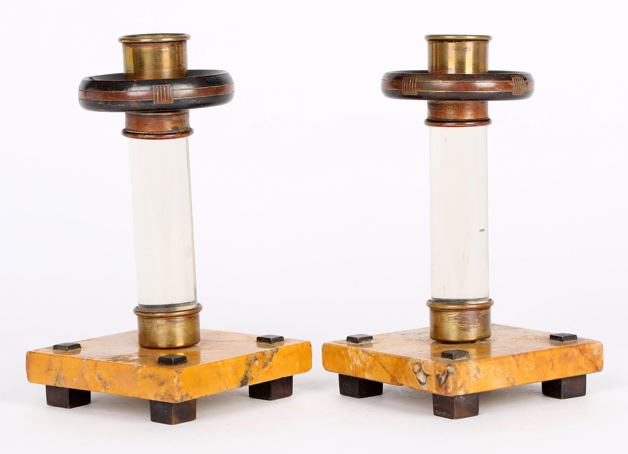 Art Nouveau Pair Continental Glass And Marble Candlesticks In Good Condition For Sale In Bishop's Stortford, Hertfordshire