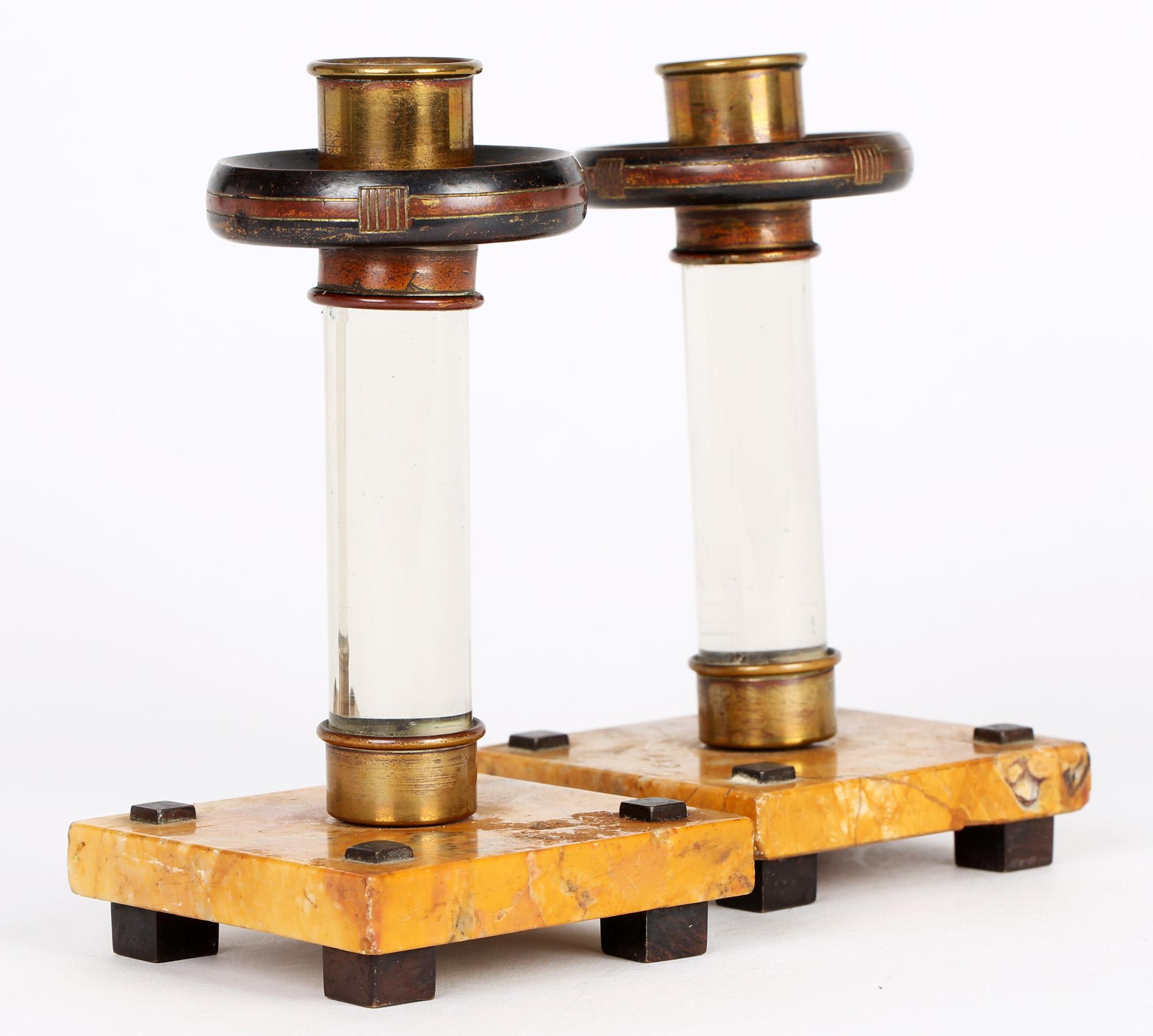 Brass Art Nouveau Pair Continental Glass And Marble Candlesticks For Sale