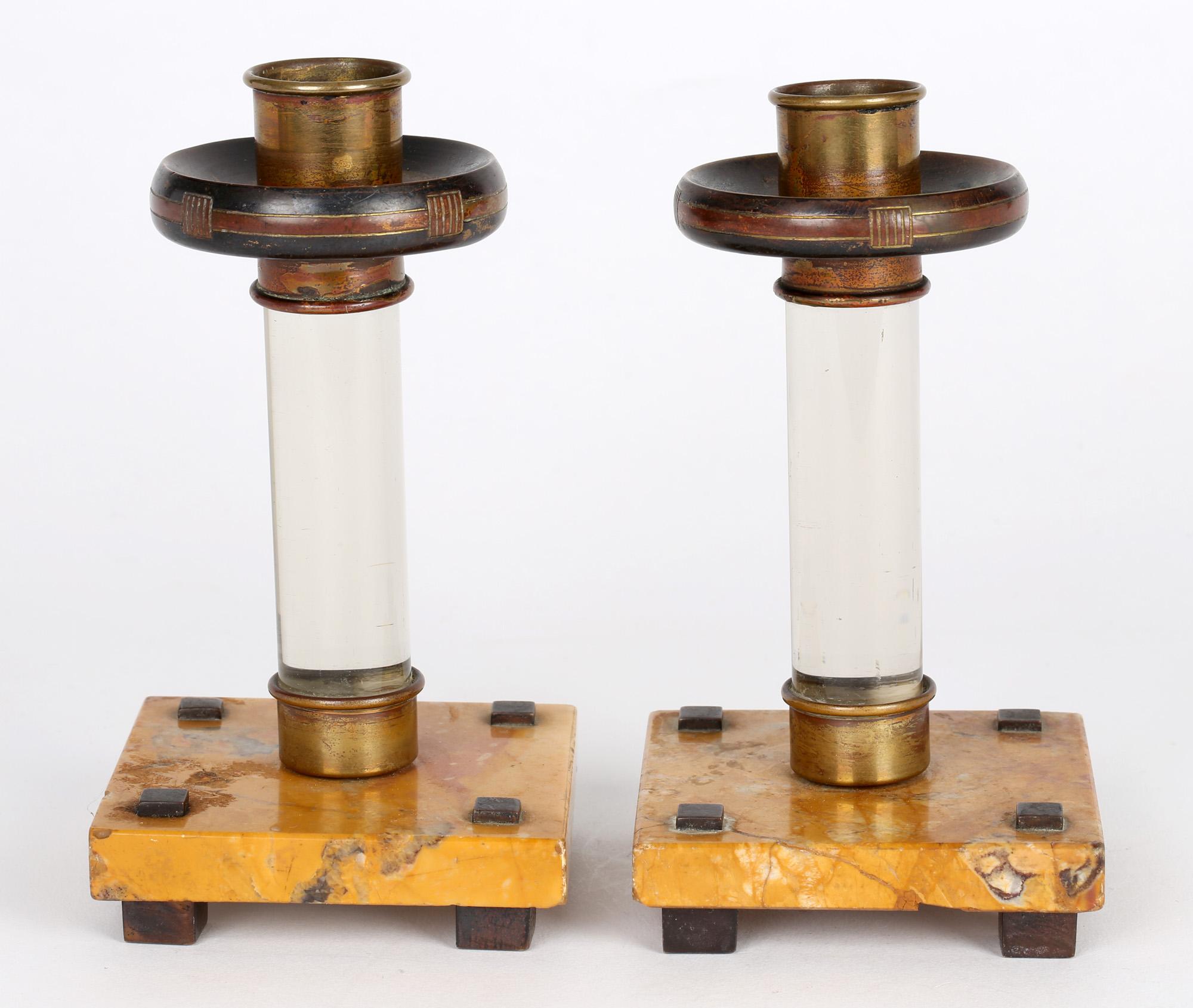 Art Nouveau Pair Continental Glass And Marble Candlesticks For Sale 2