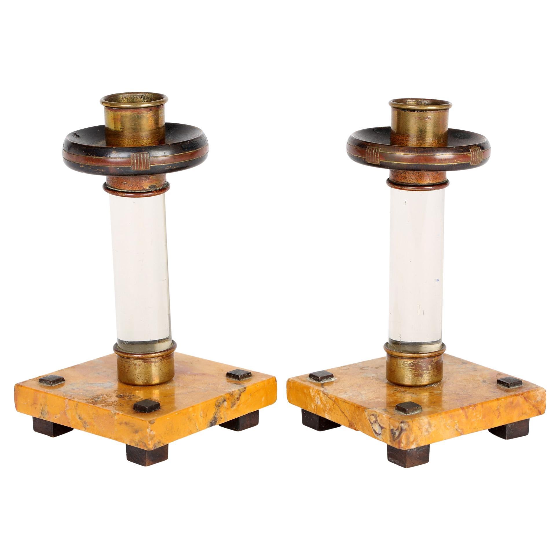 Art Nouveau Pair Continental Glass And Marble Candlesticks
