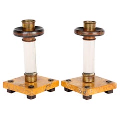 Art Nouveau Pair Continental Glass And Marble Candlesticks