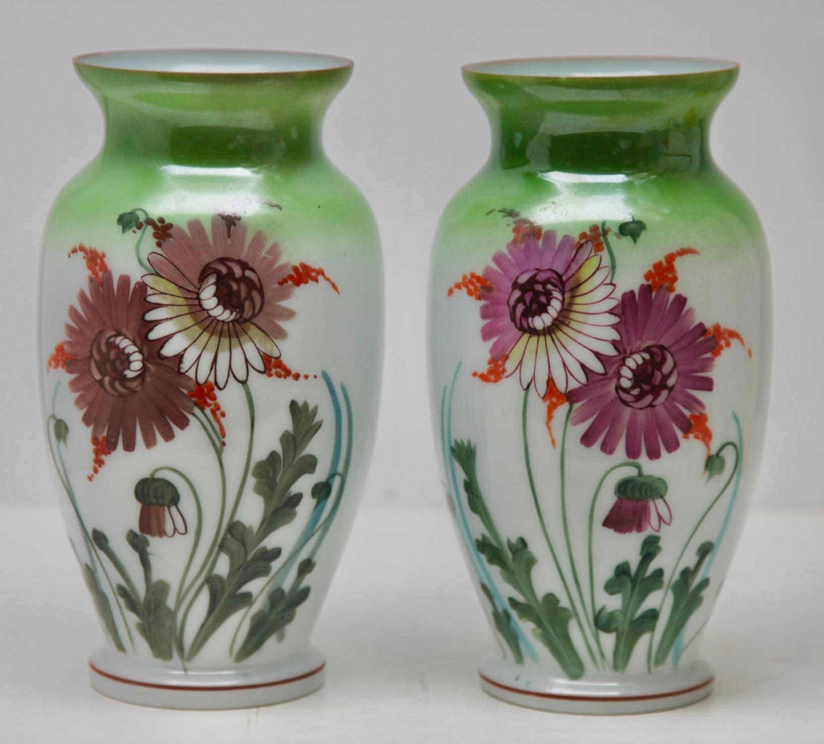 Art nouveau Pair handmade and Hand painted opaline vase, France 1920s
Handmade and hand-glazed in brilliant coloured with a spray of chrysanthemum blooms
Made in France
Art Nouveau period 1920 fine quality.

The pieces are in excellent