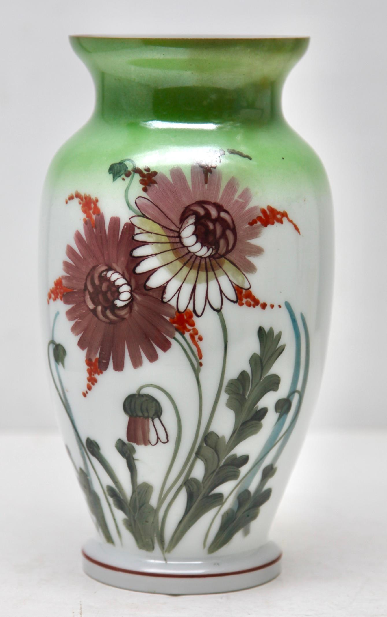 Hand-Crafted Art Nouveau Pair Handmade and Hand Painted Opaline Vase, France 1920s For Sale