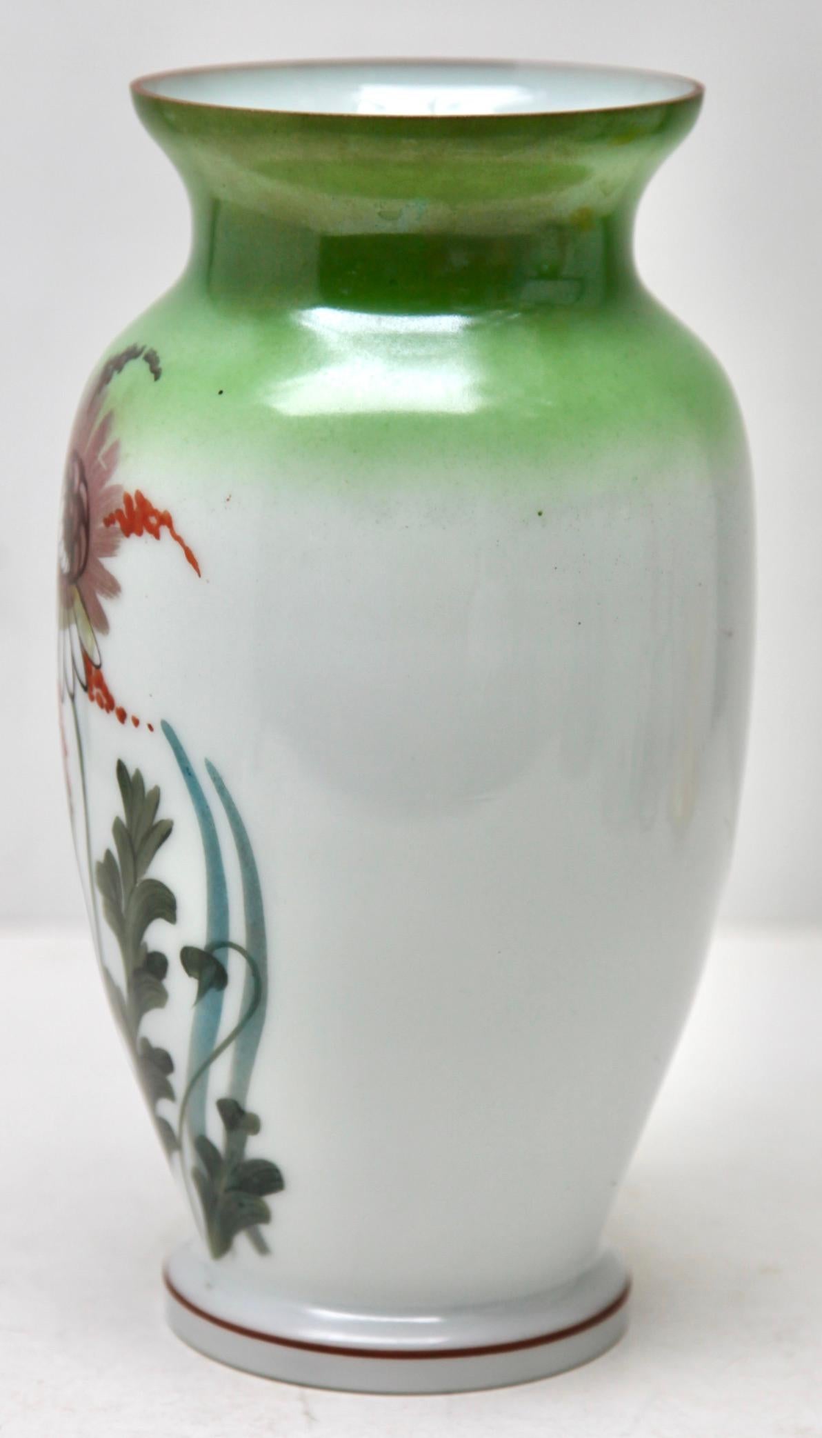 Early 20th Century Art Nouveau Pair Handmade and Hand Painted Opaline Vase, France 1920s For Sale