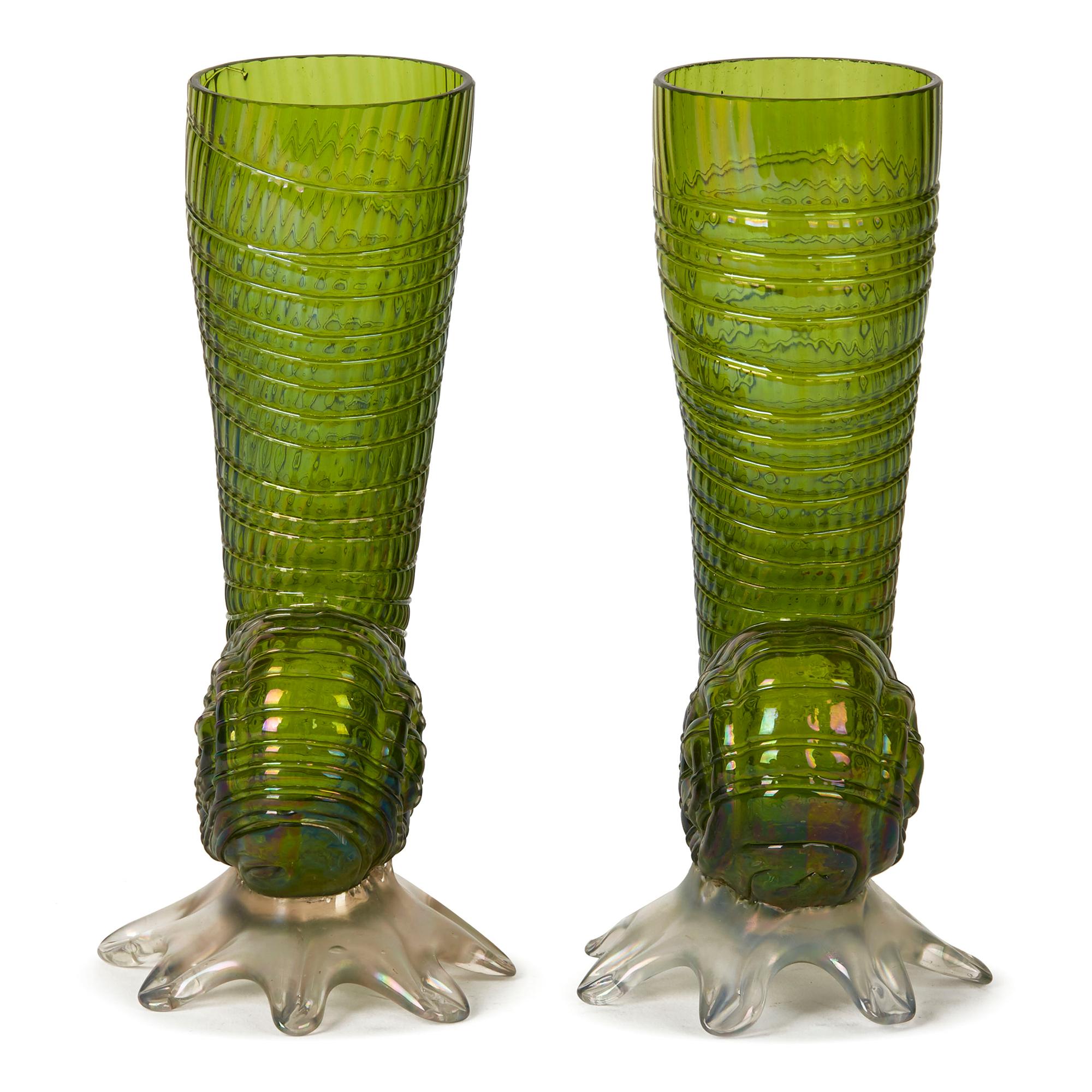 Antique Art Nouveau Pair Green Loetz Glass Shell Cornucopia Vases, circa 1890 In Good Condition In Bishop's Stortford, Hertfordshire