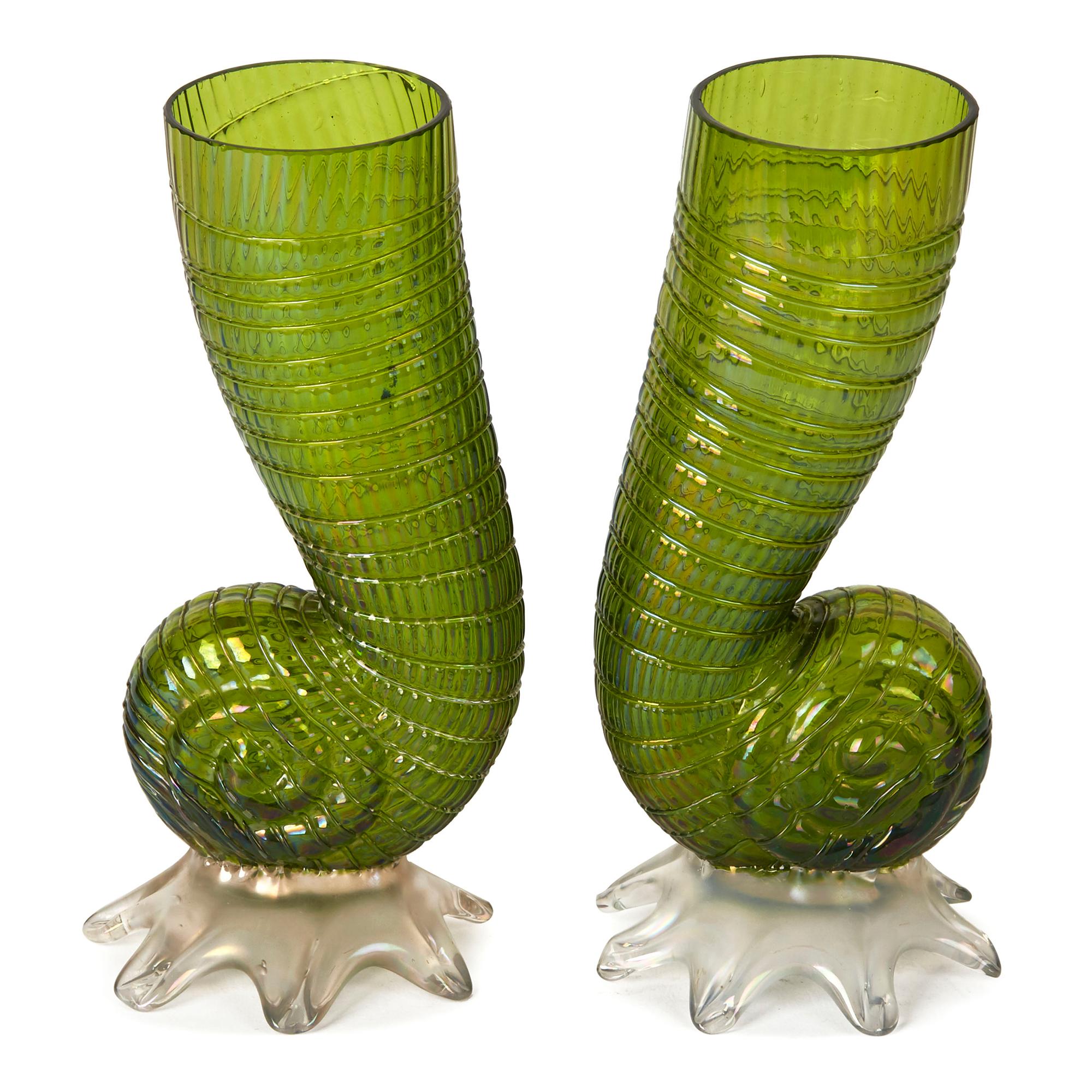 Late 19th Century Antique Art Nouveau Pair Green Loetz Glass Shell Cornucopia Vases, circa 1890