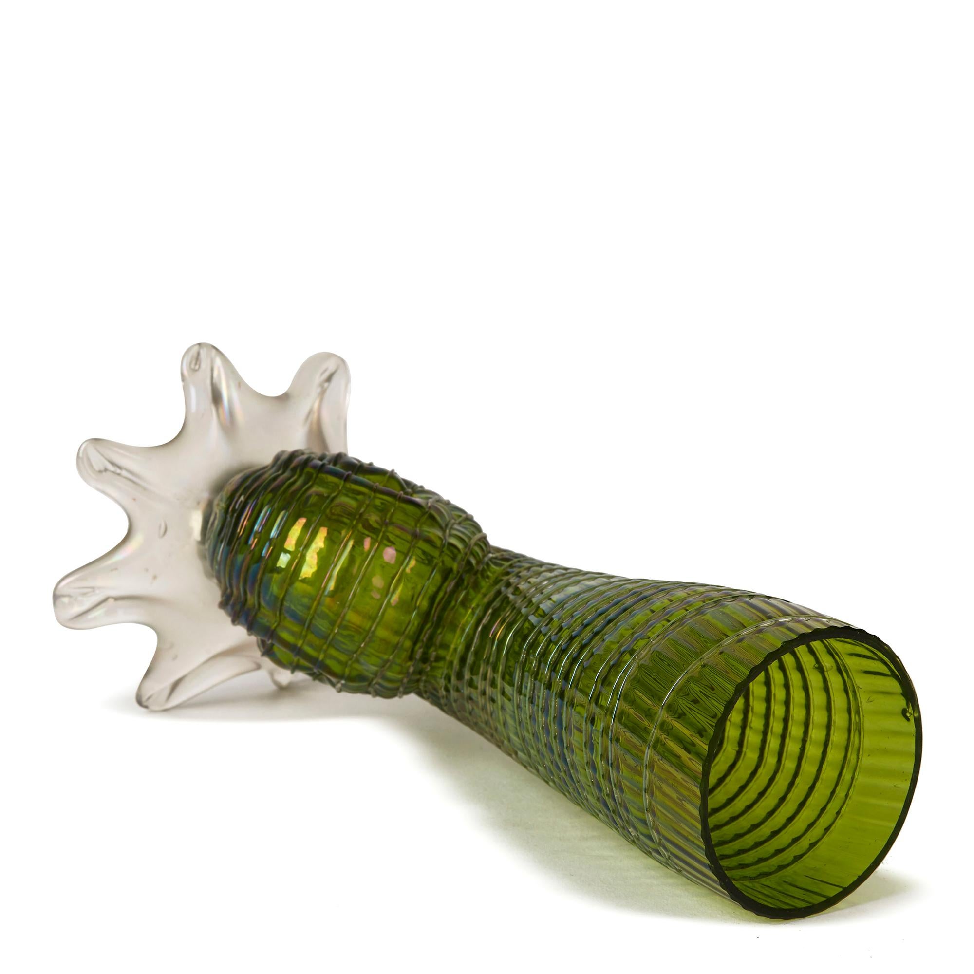 Antique Art Nouveau Pair Green Loetz Glass Shell Cornucopia Vases, circa 1890 1