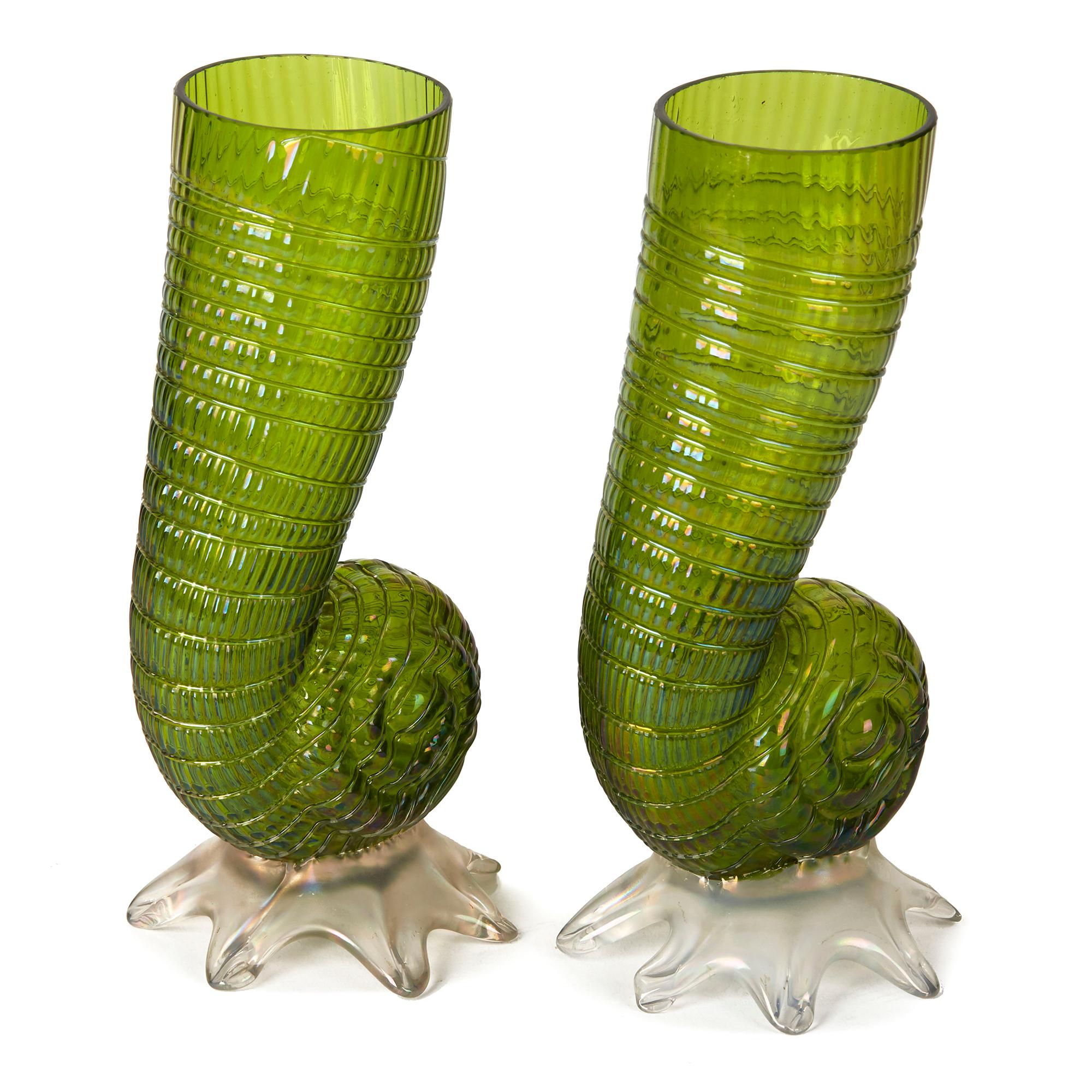 Antique Art Nouveau Pair Green Loetz Glass Shell Cornucopia Vases, circa 1890 3