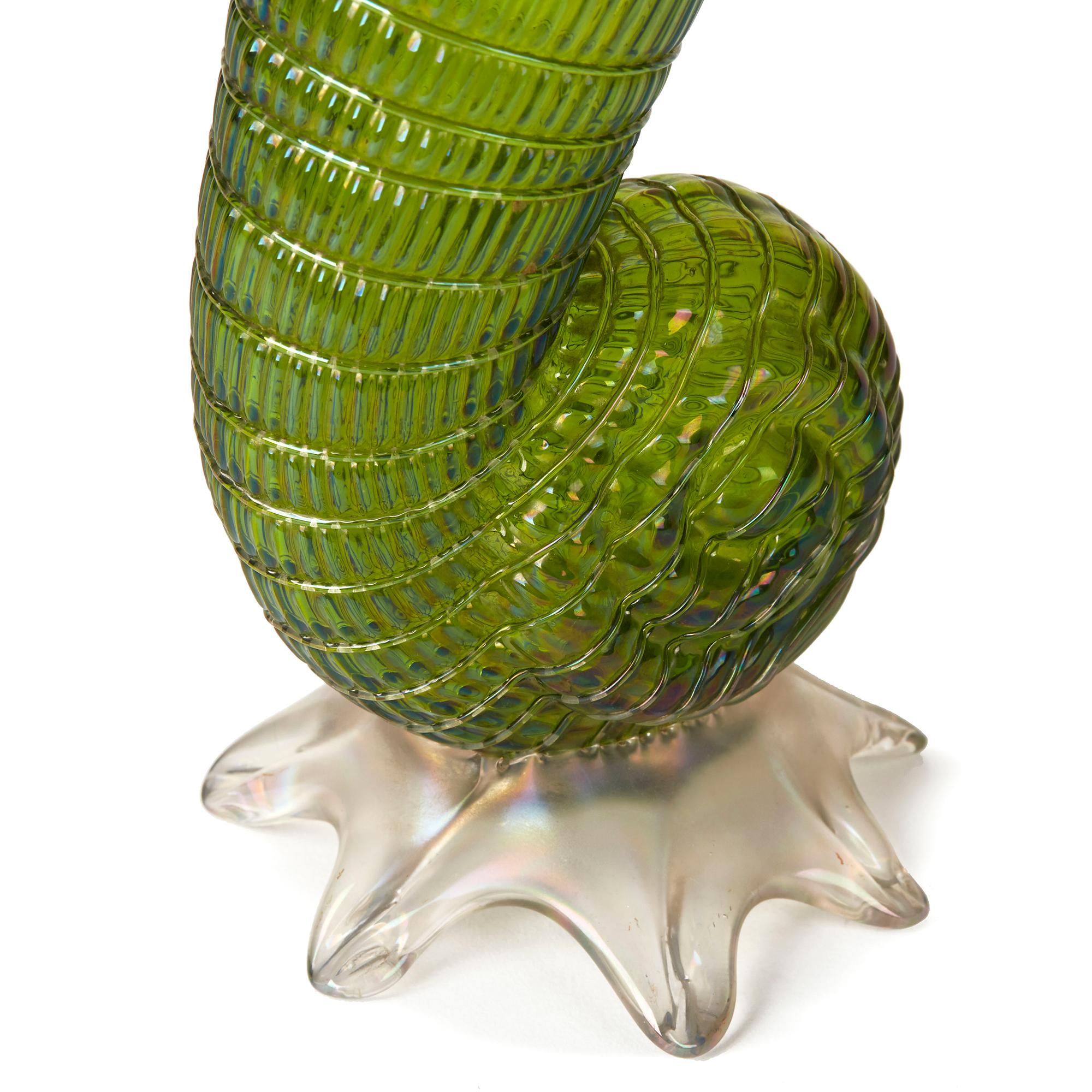 Antique Art Nouveau Pair Green Loetz Glass Shell Cornucopia Vases, circa 1890 4