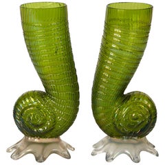 Antique Art Nouveau Pair Green Loetz Glass Shell Cornucopia Vases, circa 1890
