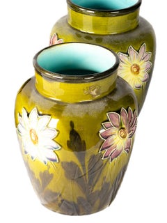 Art Nouveau Pair Of Barbotine Vases, Green, Floral, France, 1900s