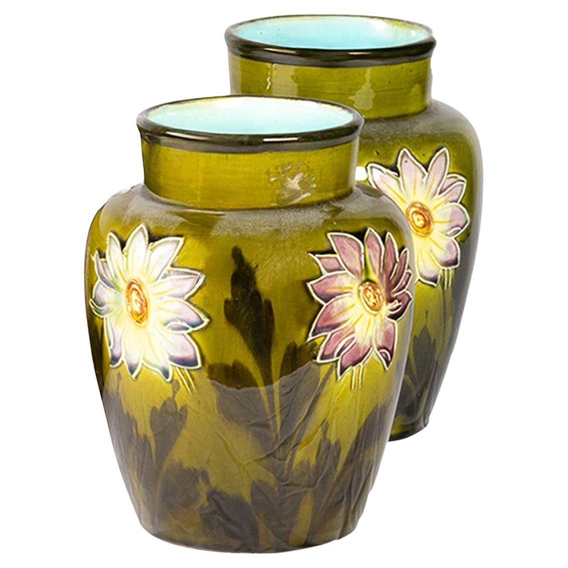 Art Nouveau Pair Of Barbotine Vases, France, 1900s