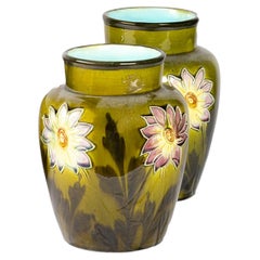 Art Nouveau Pair Of Barbotine Vases, Green, Floral, France, 1900s