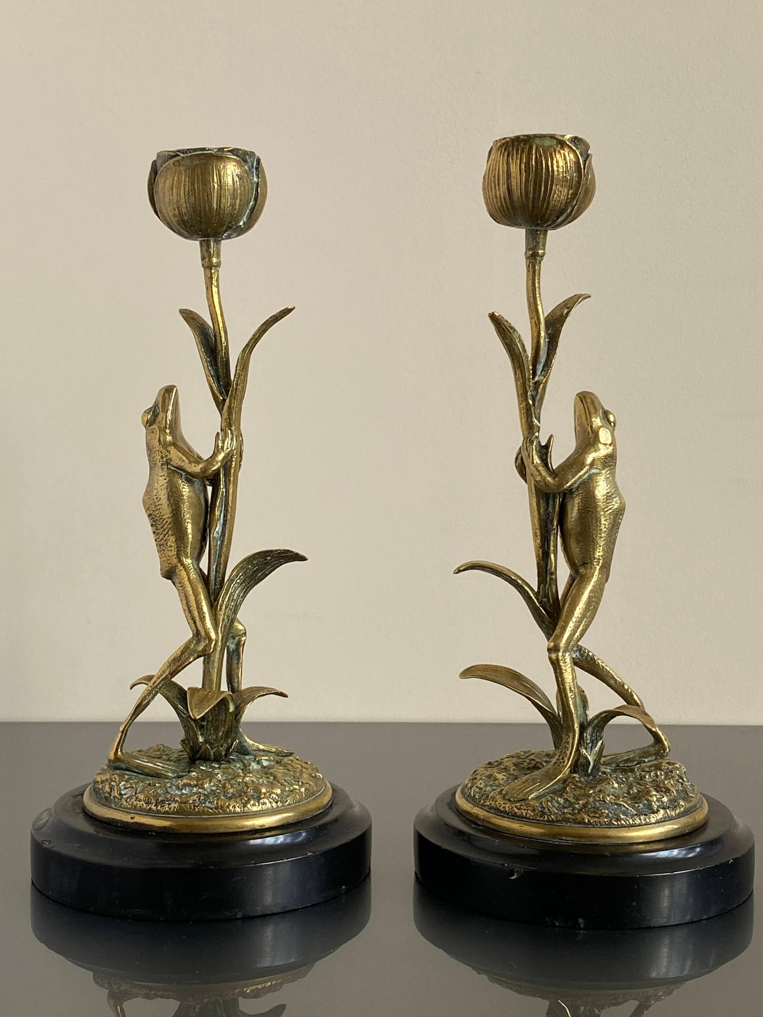 Art Nouveau Pair of Brass Candle Sticks Modelled as Frogs Climbing Lotus Flowers 2