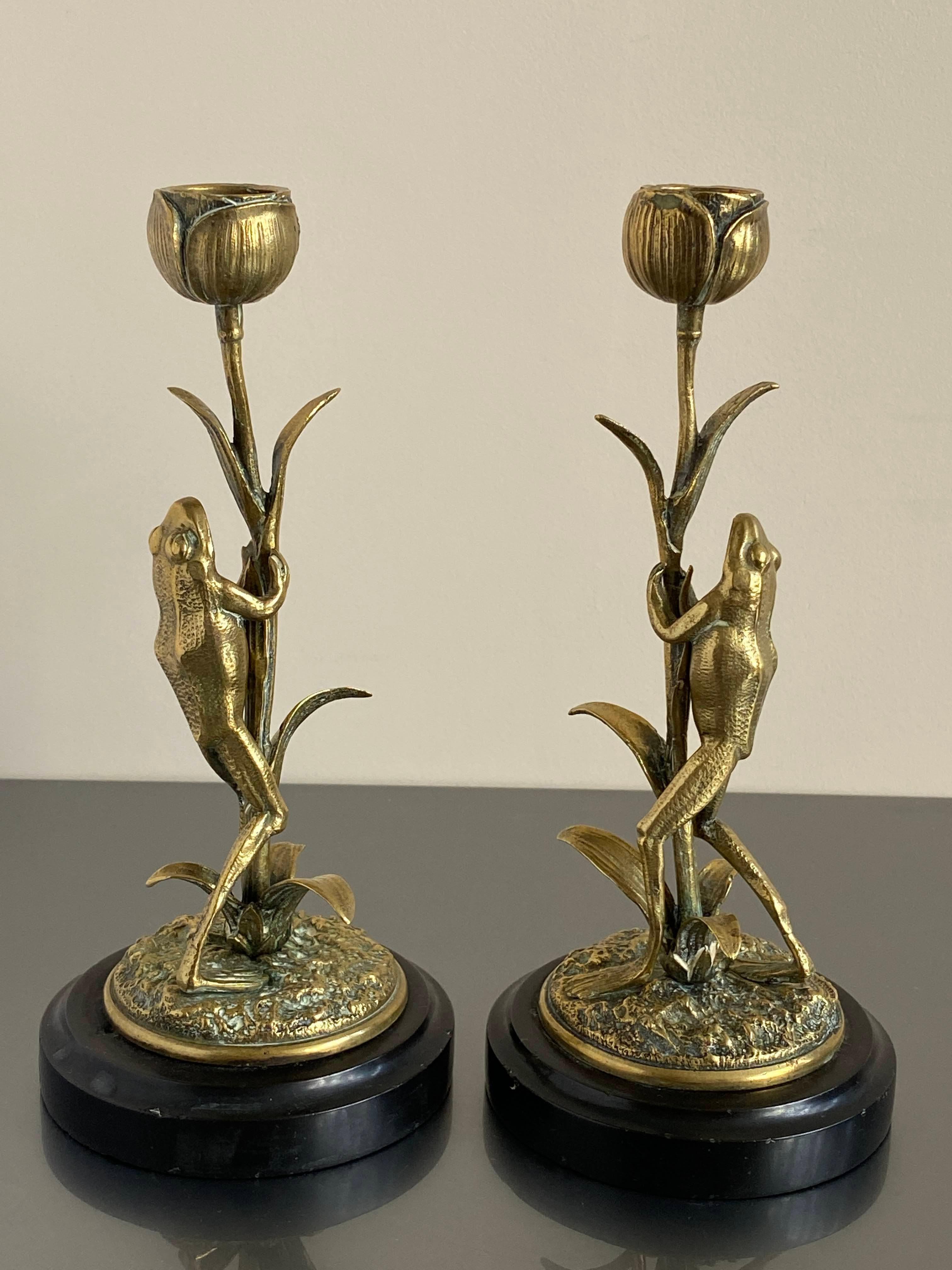 Art Nouveau Pair of Brass Candle Sticks Modelled as Frogs Climbing Lotus Flowers 3