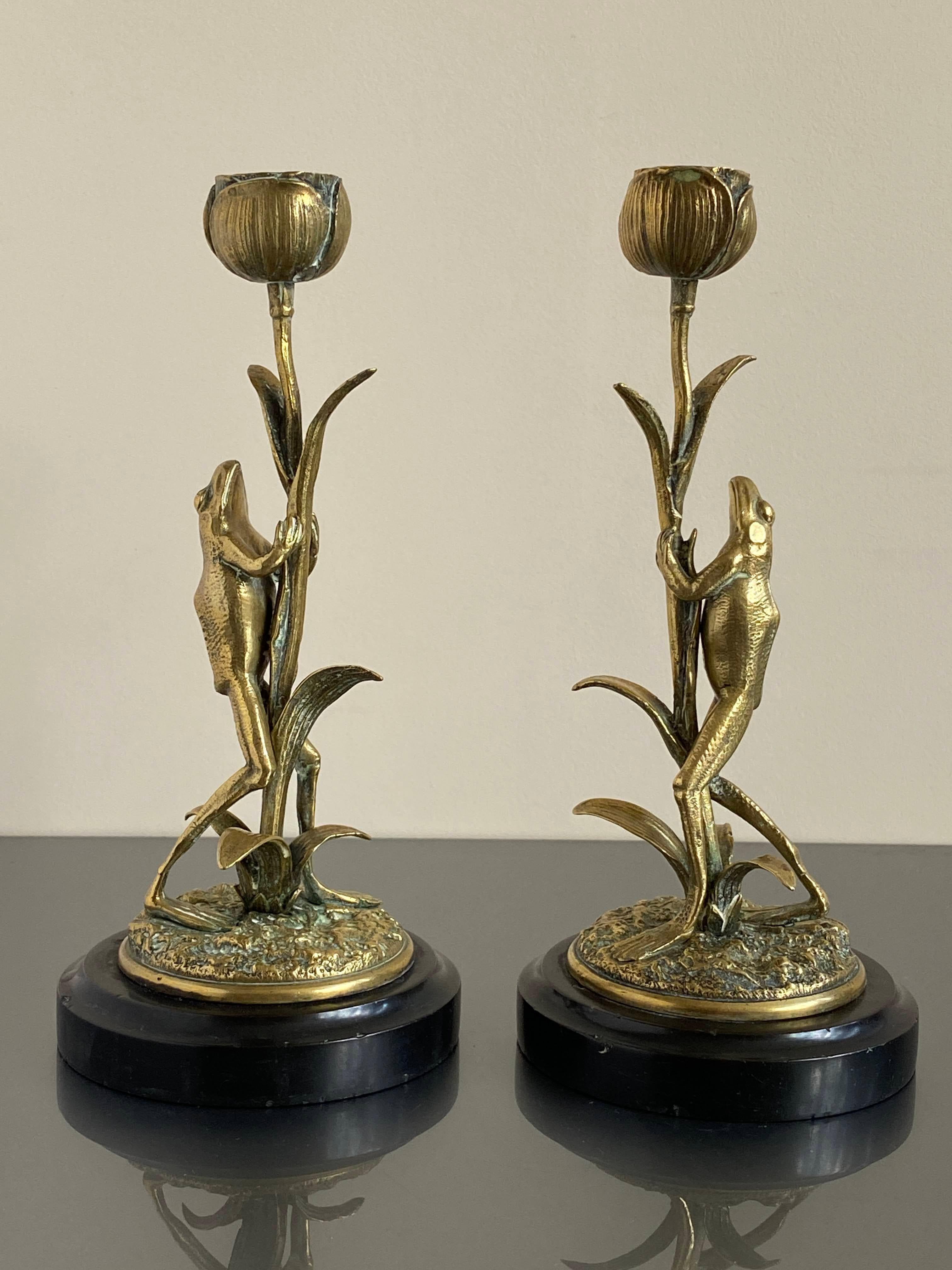 Art Nouveau Pair of Brass Candle Sticks Modelled as Frogs Climbing Lotus Flowers 8