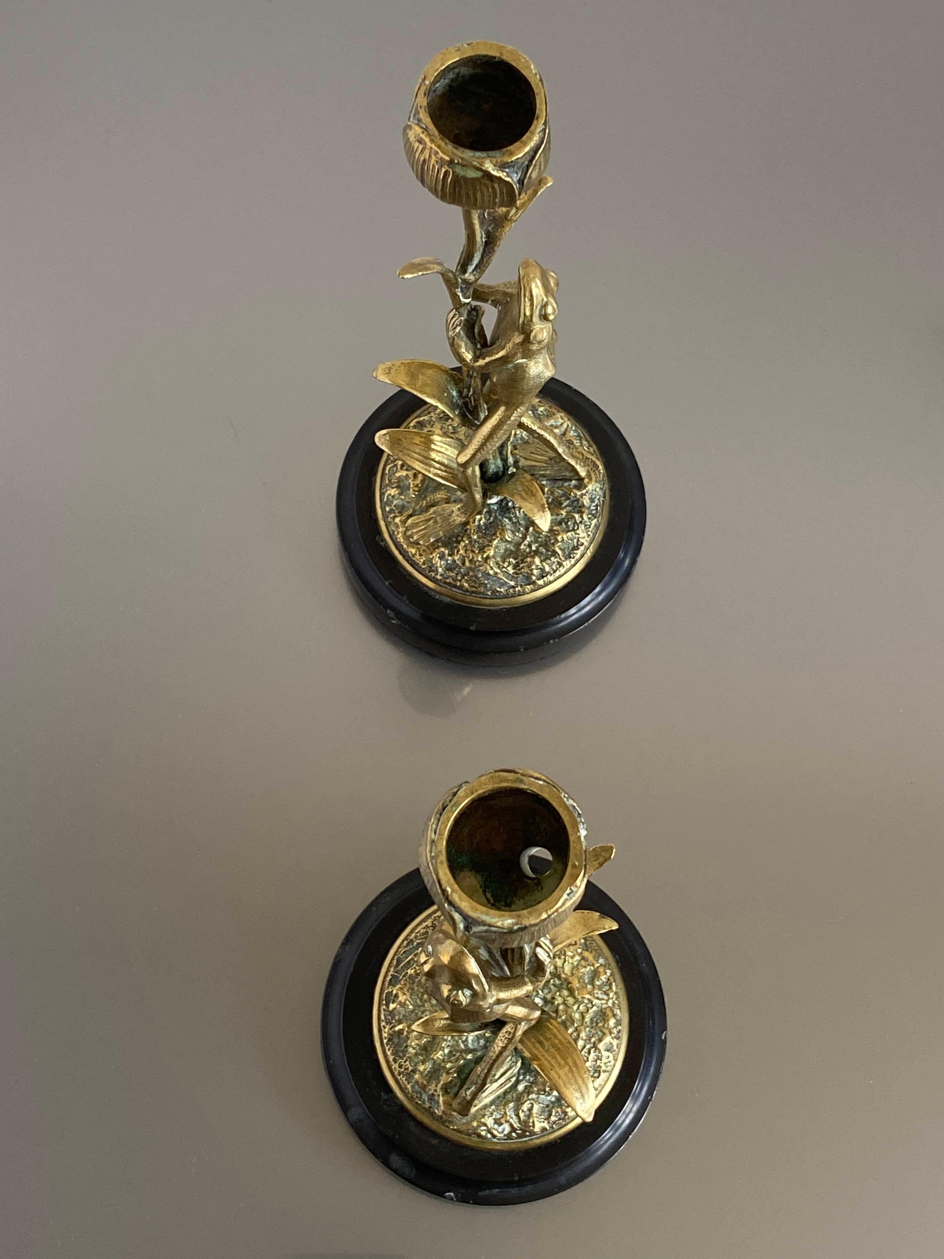 Art Nouveau Pair of Brass Candle Sticks Modelled as Frogs Climbing Lotus Flowers For Sale 9