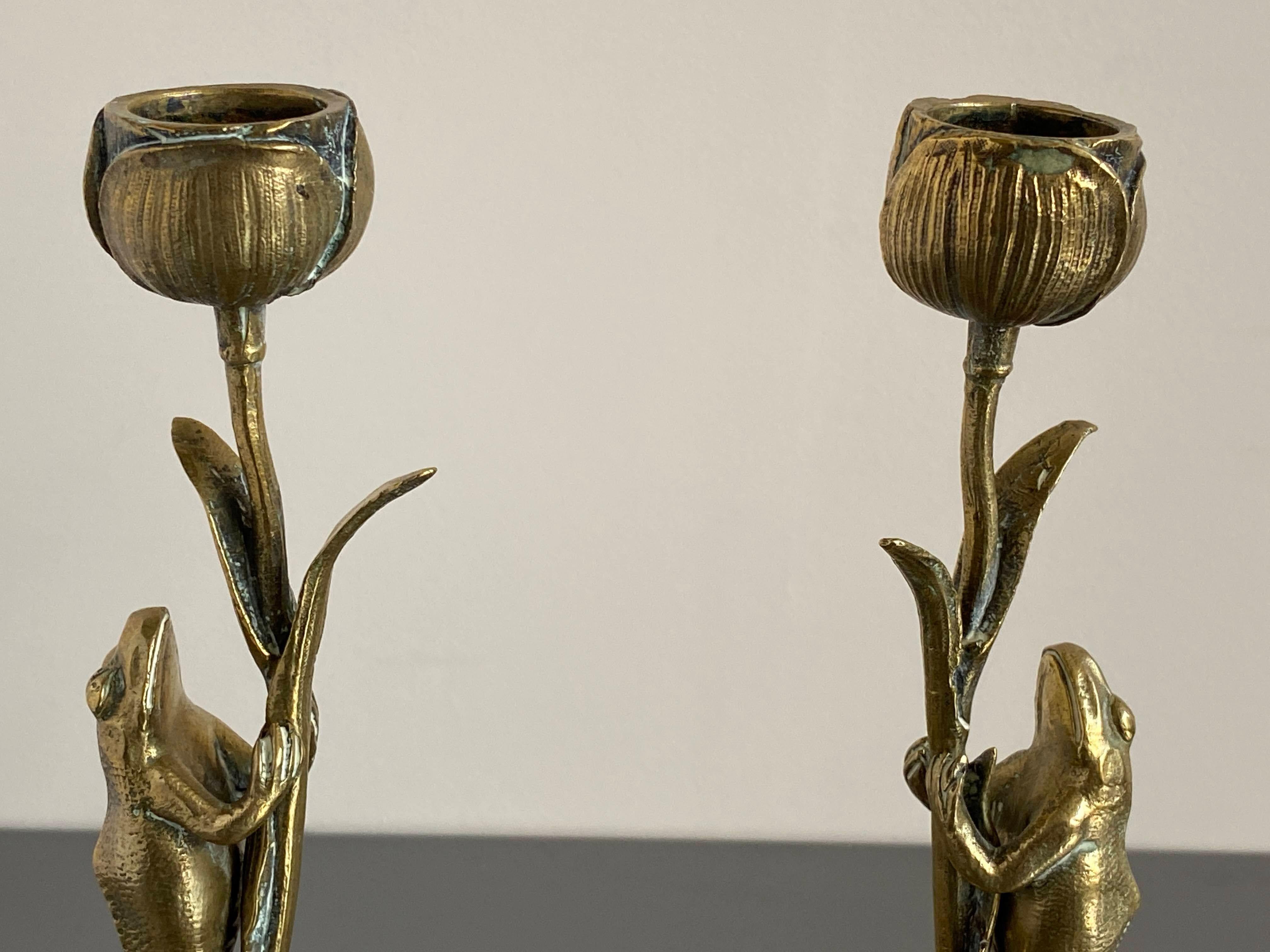Art Nouveau Pair of Brass Candle Sticks Modelled as Frogs Climbing Lotus Flowers In Good Condition For Sale In Cheltenham, GB