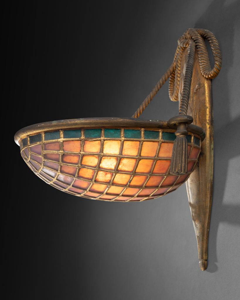 Gilt Art Nouveau pair of bronze and colored glass sconces C.1915/20 For Sale