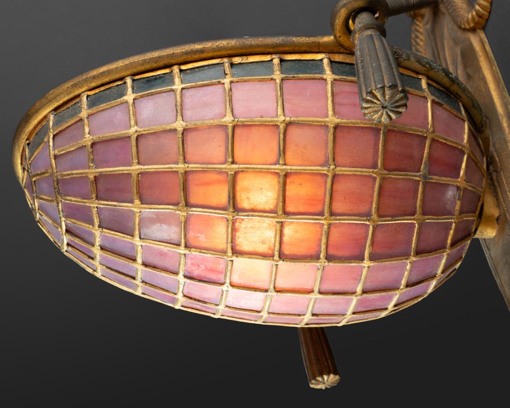 Early 20th Century Art Nouveau pair of bronze and colored glass sconces C.1915/20 For Sale