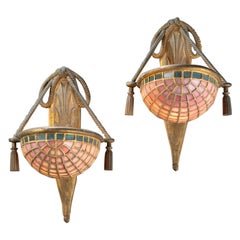 Art Nouveau pair of bronze and colored glass sconces C.1915/20