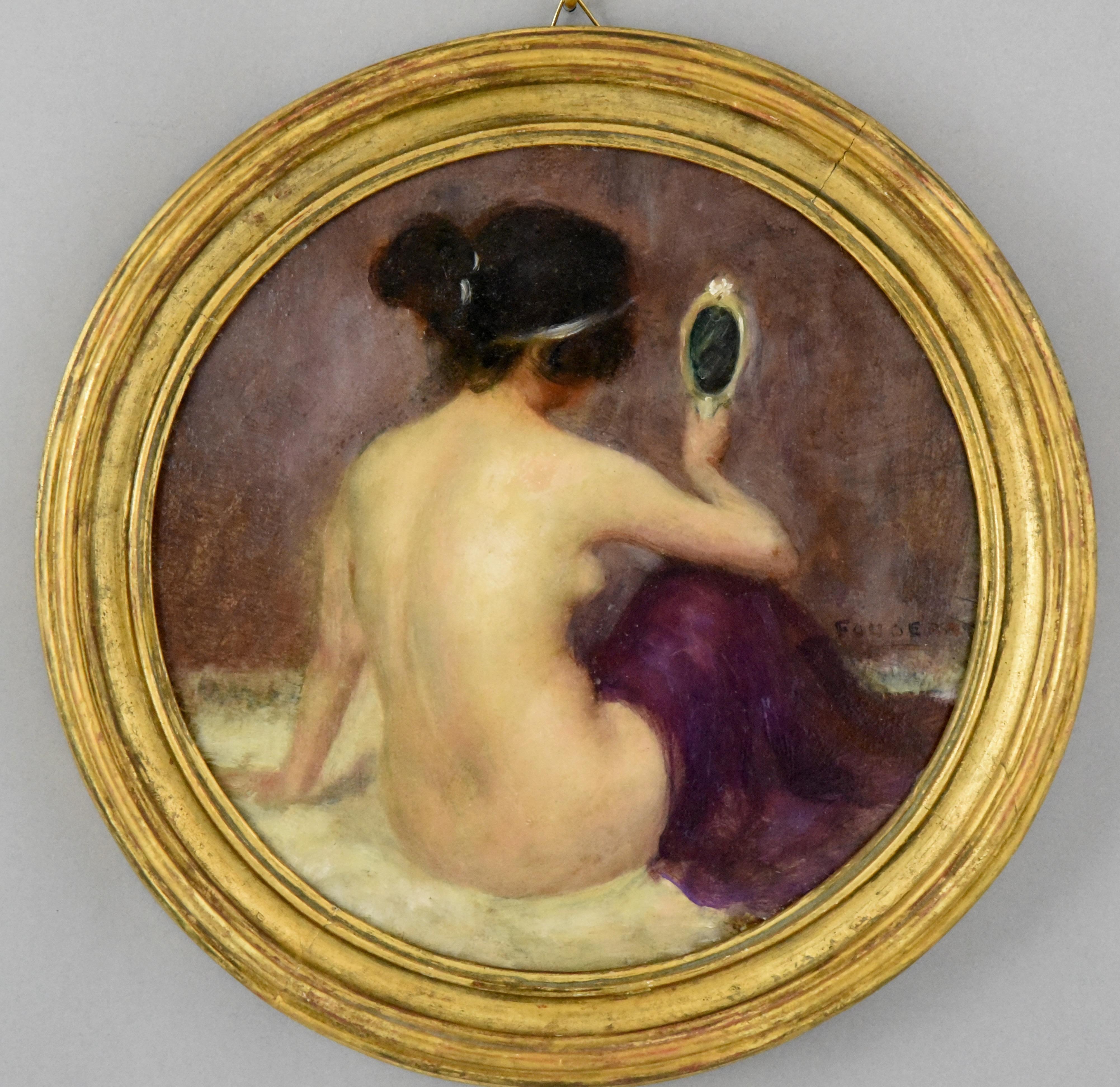 Early 20th Century Art Nouveau Pair Oil Paintings with Nudes Emmanuel Fougerat  1900 France
