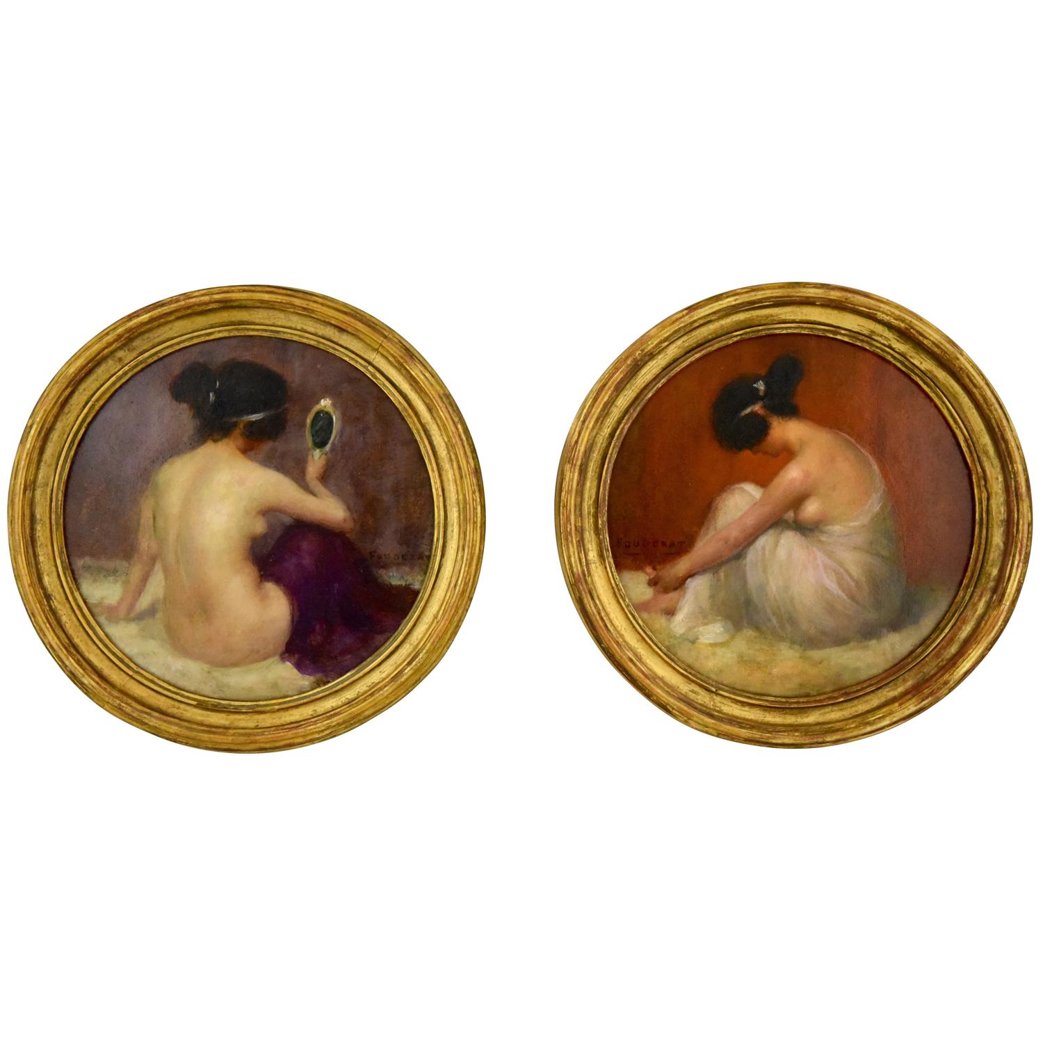 Art Nouveau Pair Oil Paintings with Nudes Emmanuel Fougerat  1900 France