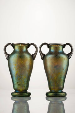 Art Nouveau Pair of Creta Glass Silvered Papillon Amphora Vases by Johann Loetz