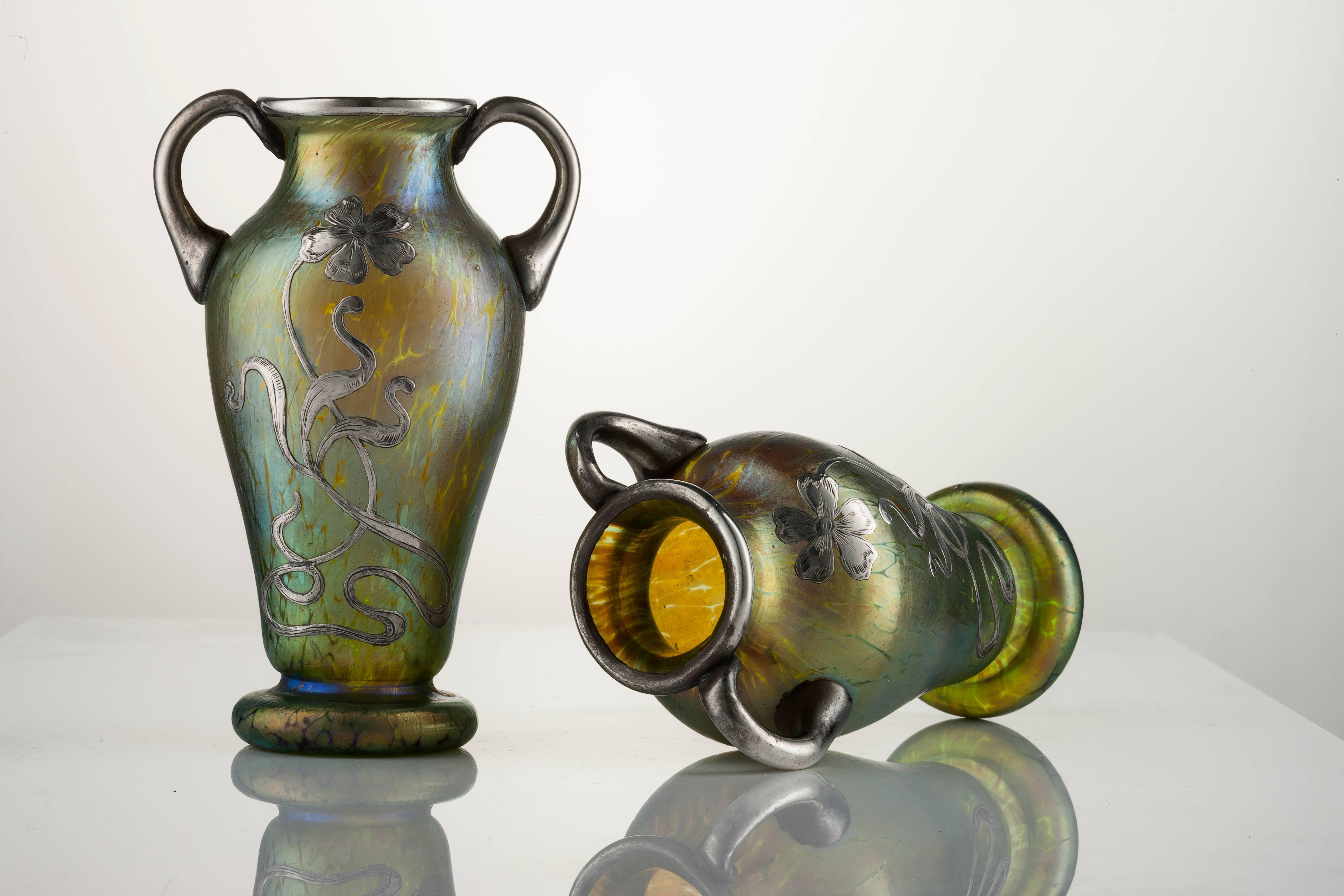 South African Art Nouveau Pair of Creta Glass Silvered Papillon Amphora Vases by Johann Loetz For Sale