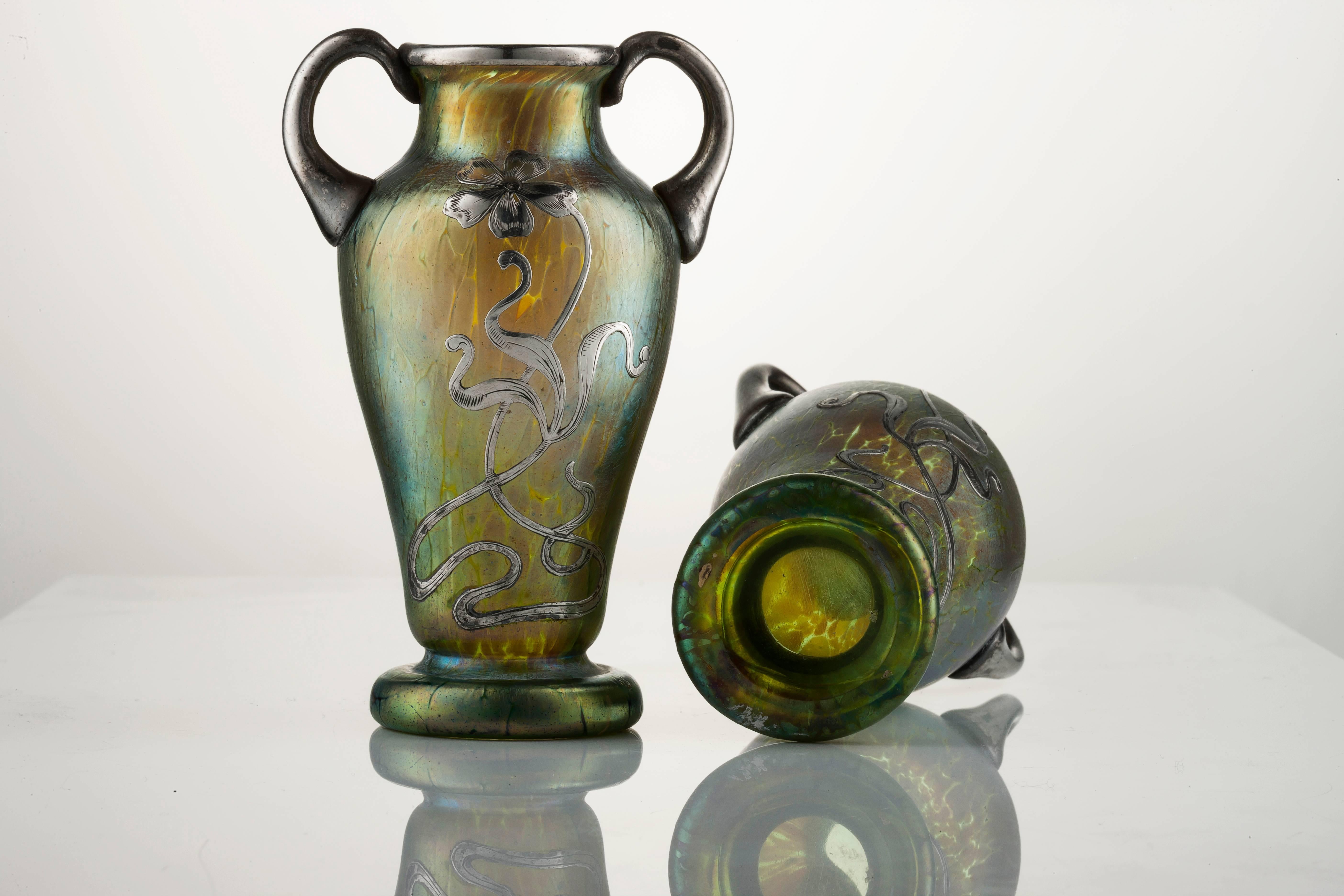 Art Nouveau Pair of Creta Glass Silvered Papillon Amphora Vases by Johann Loetz In Excellent Condition For Sale In Cape Town, ZA