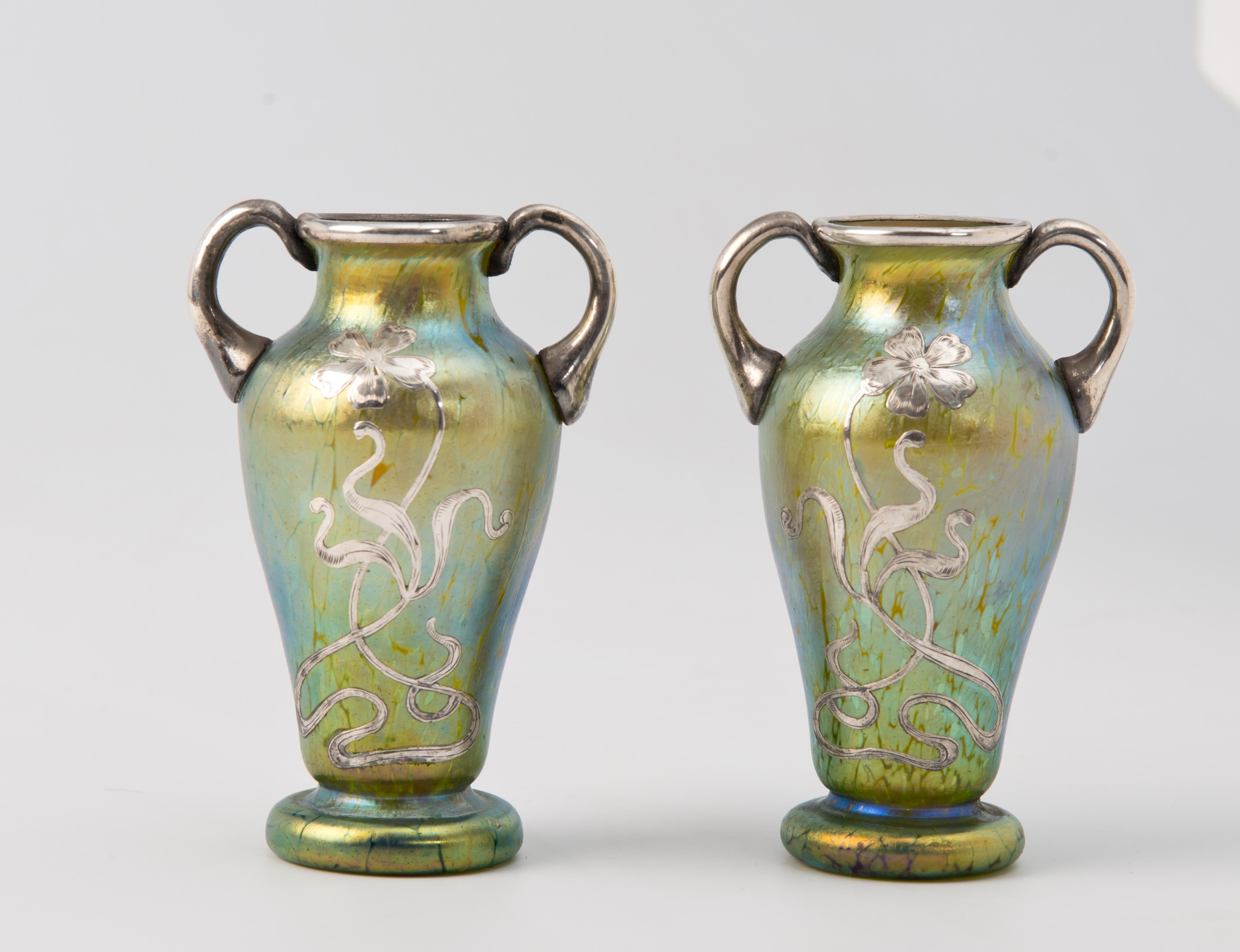 Art Nouveau Pair of Creta Glass Silvered Papillon Amphora Vases by Johann Loetz For Sale 1