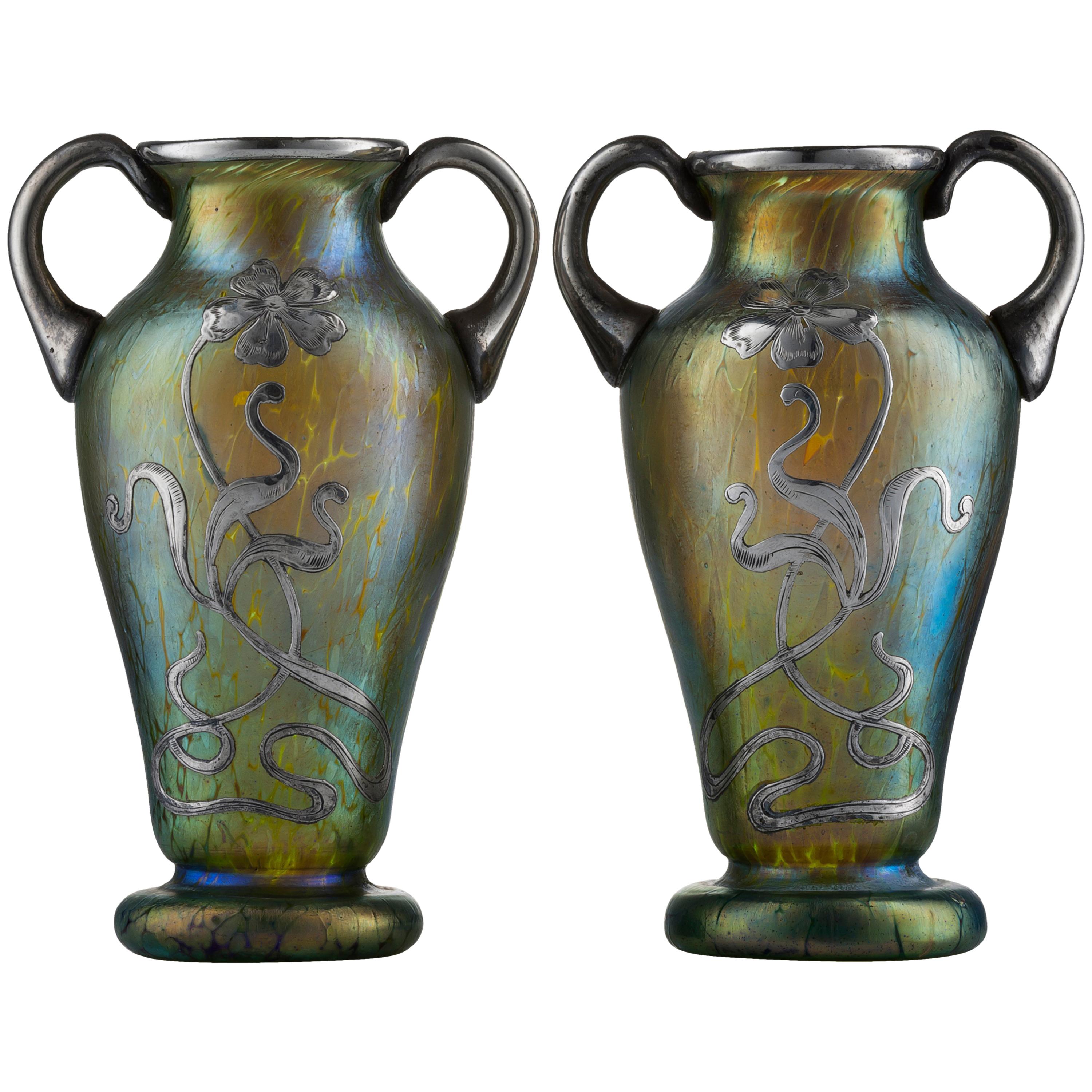 Art Nouveau Pair of Creta Glass Silvered Papillon Amphora Vases by Johann Loetz For Sale