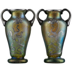 Art Nouveau Pair of Creta Glass Silvered Papillon Amphora Vases by Johann Loetz