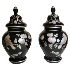 Art Nouveau Pair of French Black Opaline Glass Potiches with Silver Overlay