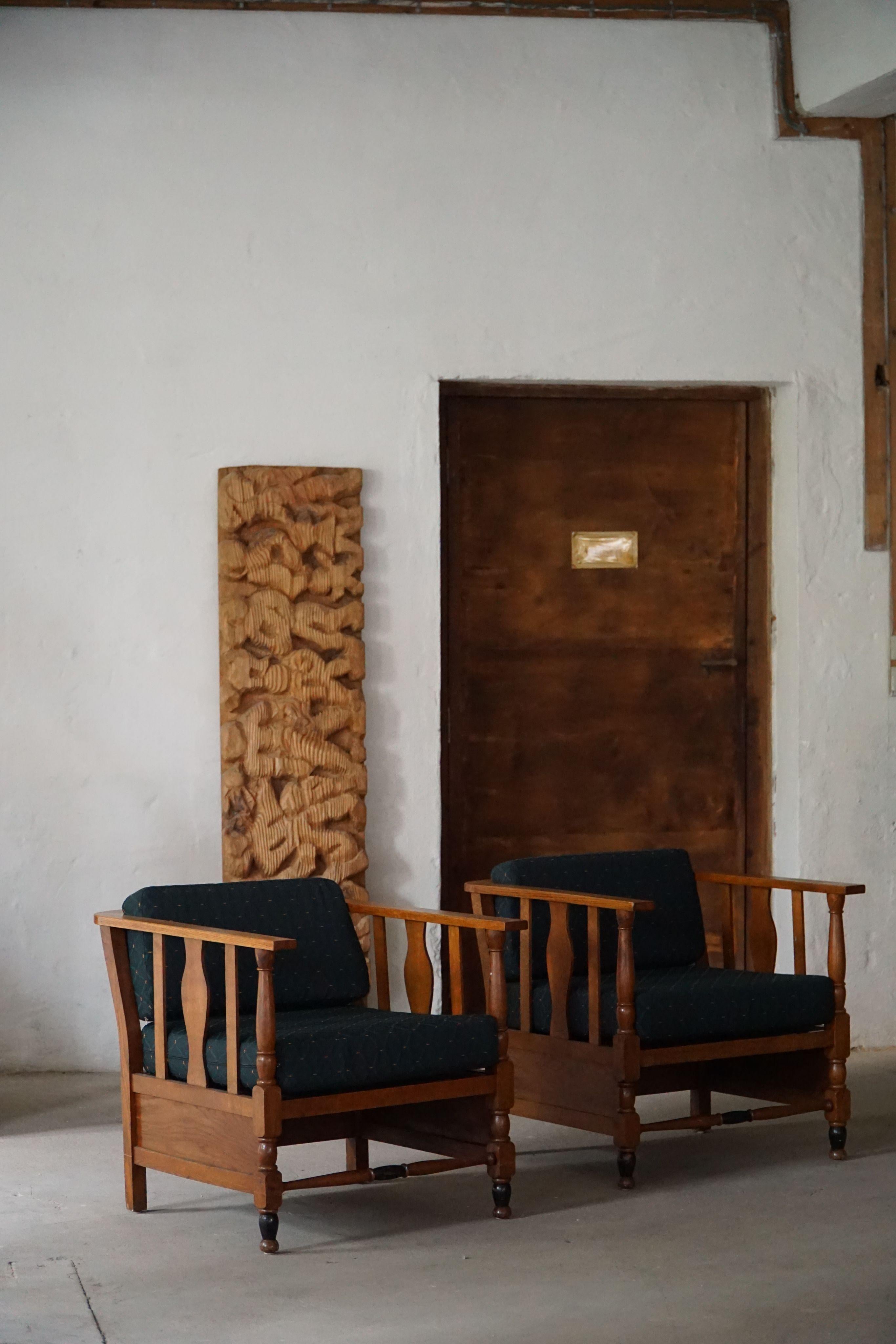 Art Nouveau, coppia di sedie da salotto in Oak, rivestite in Fabrice, anni '20 in vendita 7