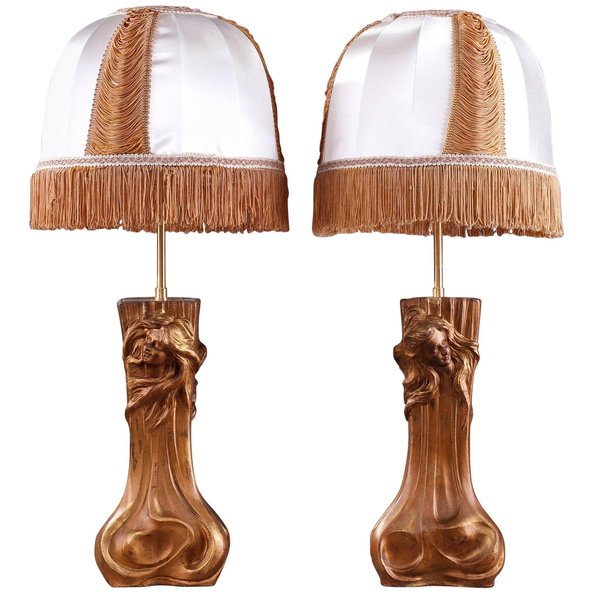 Paar montierte Jugendstil-Lampen mit Nymphen