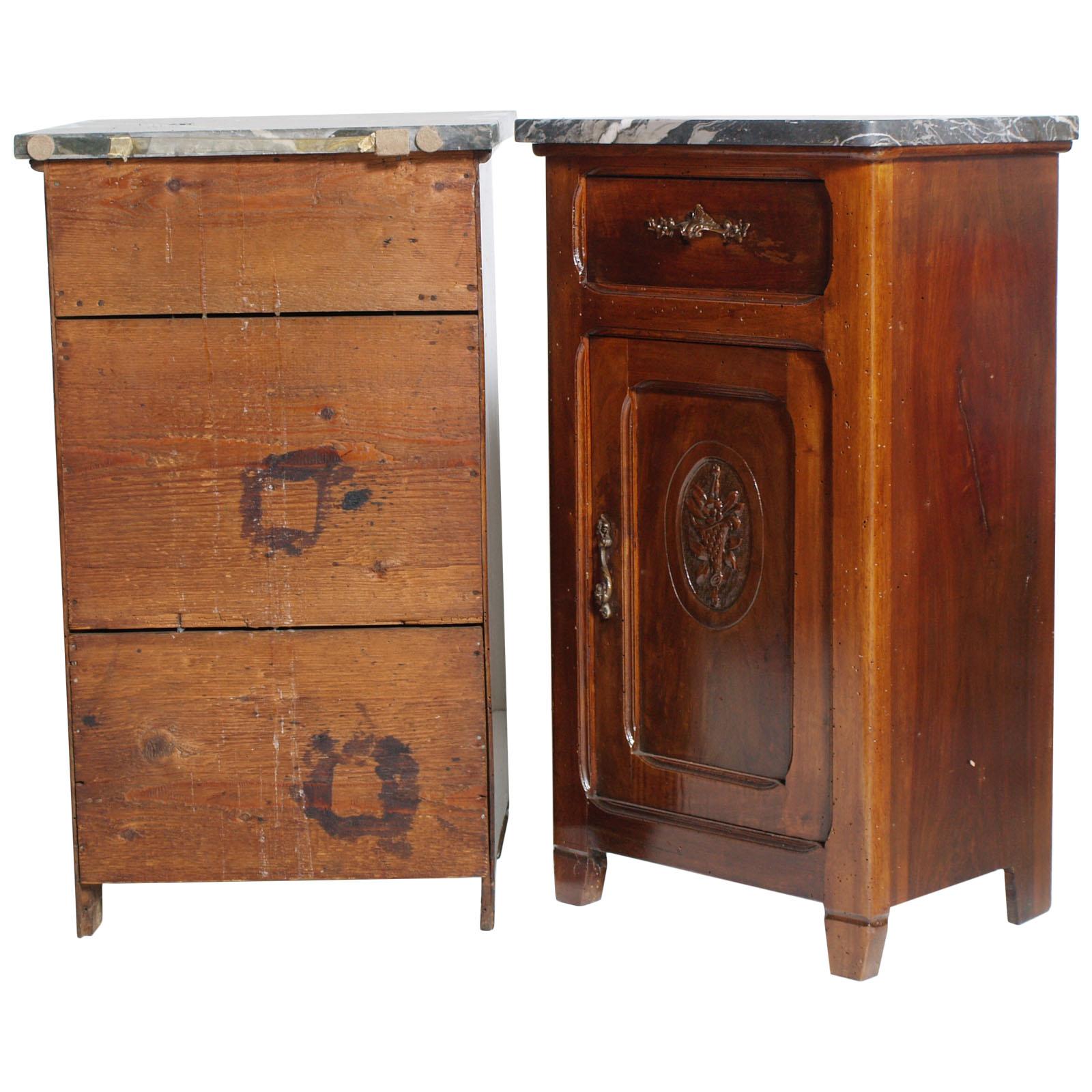 Italian Art Nouveau Nightstand with Marble Top, Italy circa 1900, Hand Carved Walnut