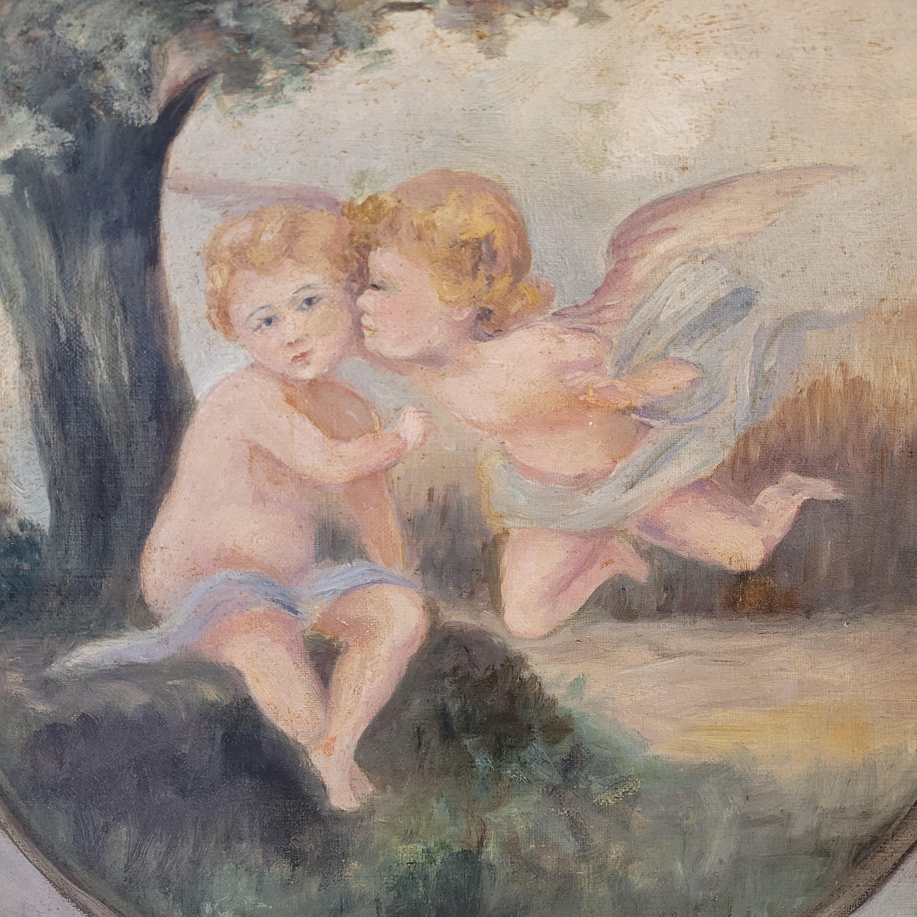 Art Nouveau Pair of oil paintings on canvas of cherubs or little angels playing im Angebot 4