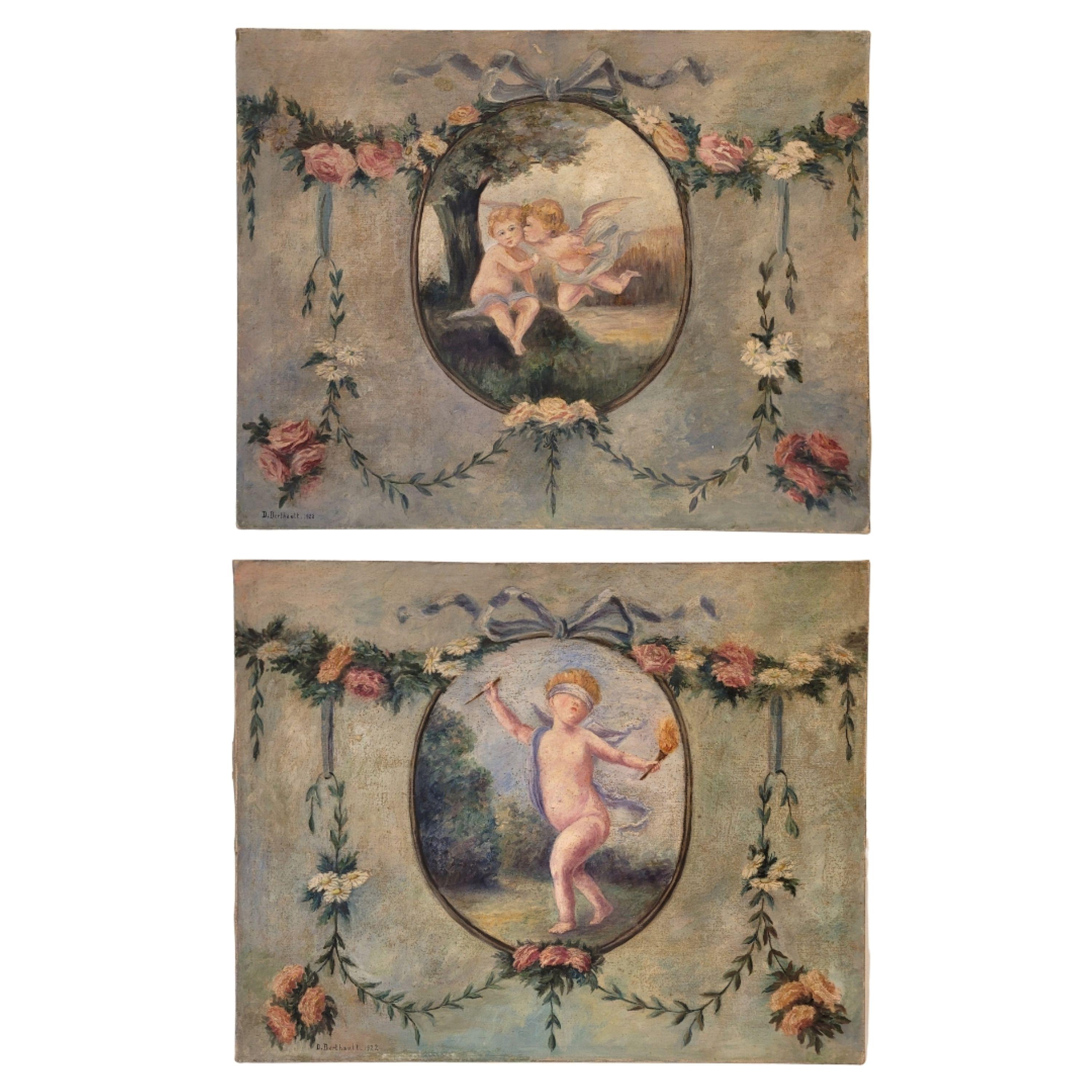 Art Nouveau Pair of oil paintings on canvas of cherubs or little angels playing im Angebot 12