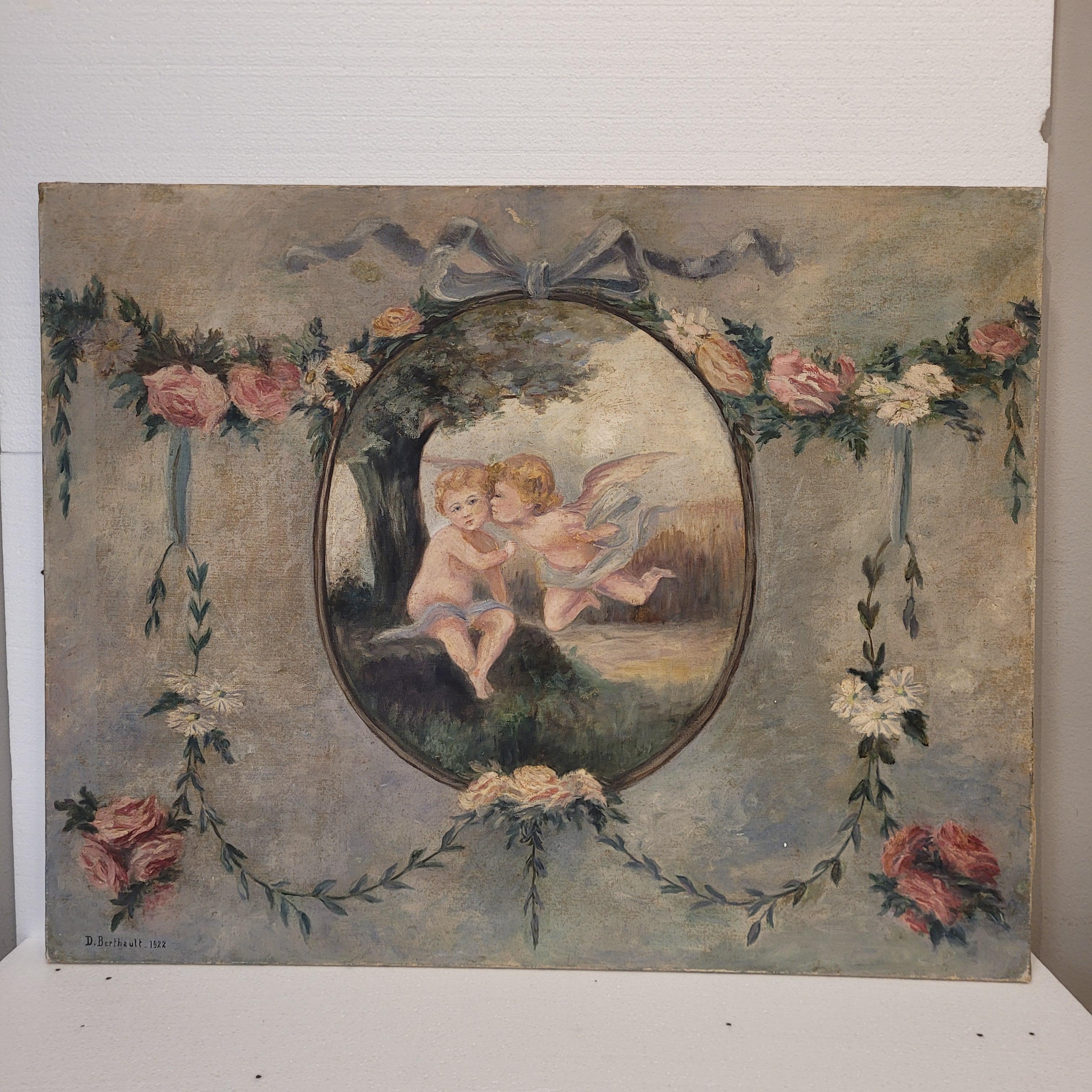 Art Nouveau Pair of oil paintings on canvas of cherubs or little angels playing (Handbemalt) im Angebot