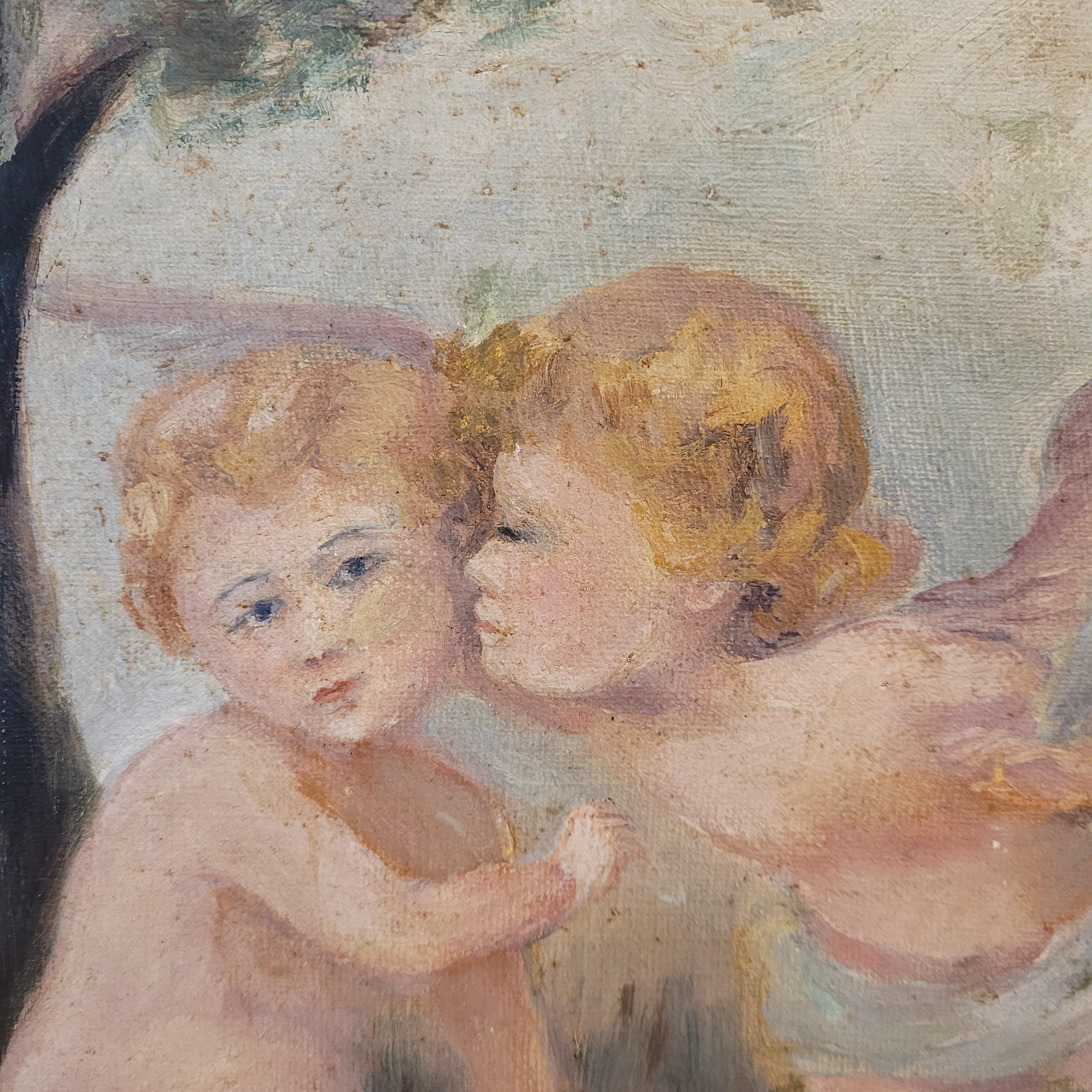 Art Nouveau Pair of oil paintings on canvas of cherubs or little angels playing (Leinwand) im Angebot