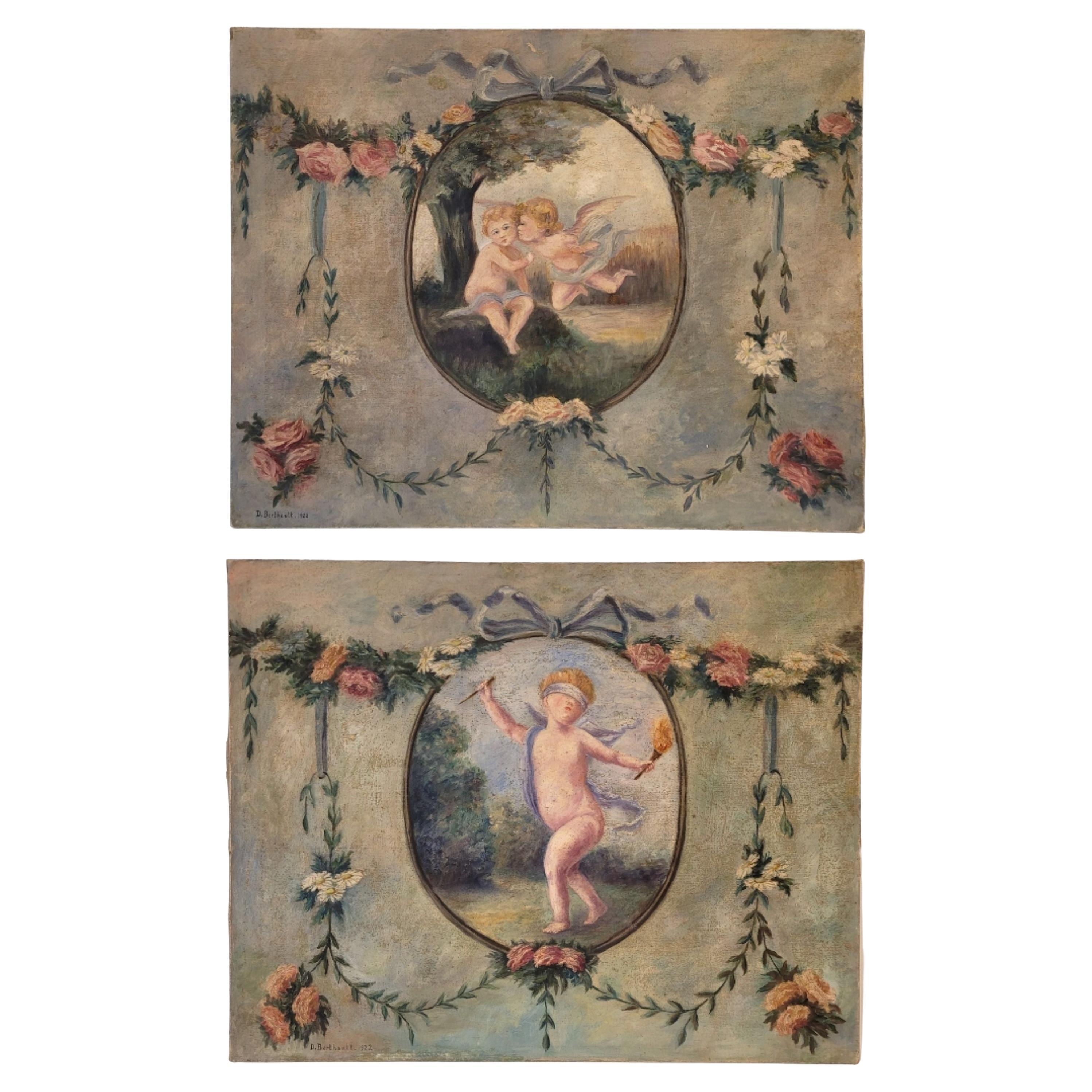 Art Nouveau Pair of oil paintings on canvas of cherubs or little angels playing