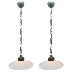 Art Nouveau Pair of Opaline Ceiling Lamps, Scailmont Belgium Glass Shade, 1930s